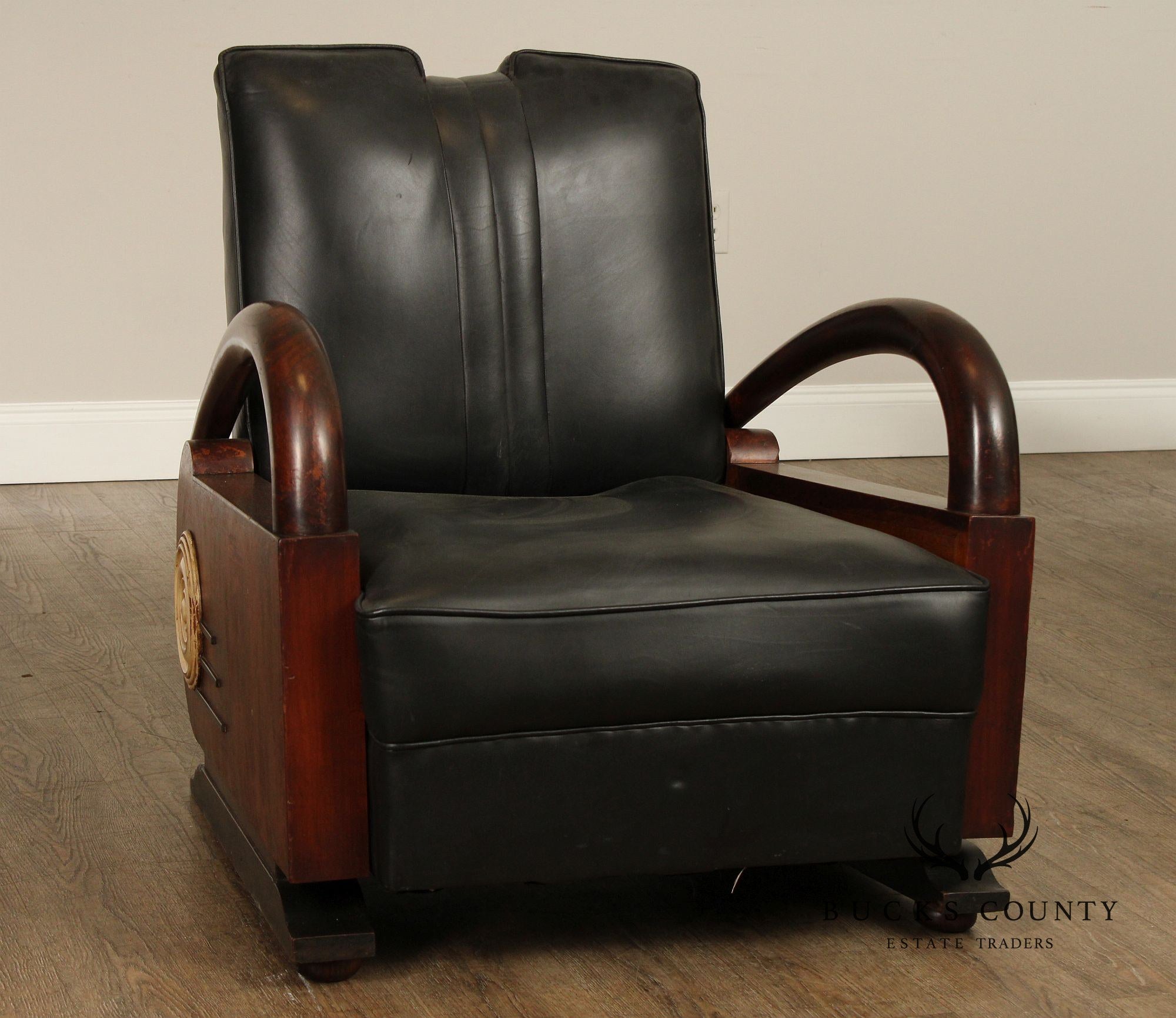 Art Deco Pair Of Streamline Moderne Rosewood And Black Leather Lounge Chairs