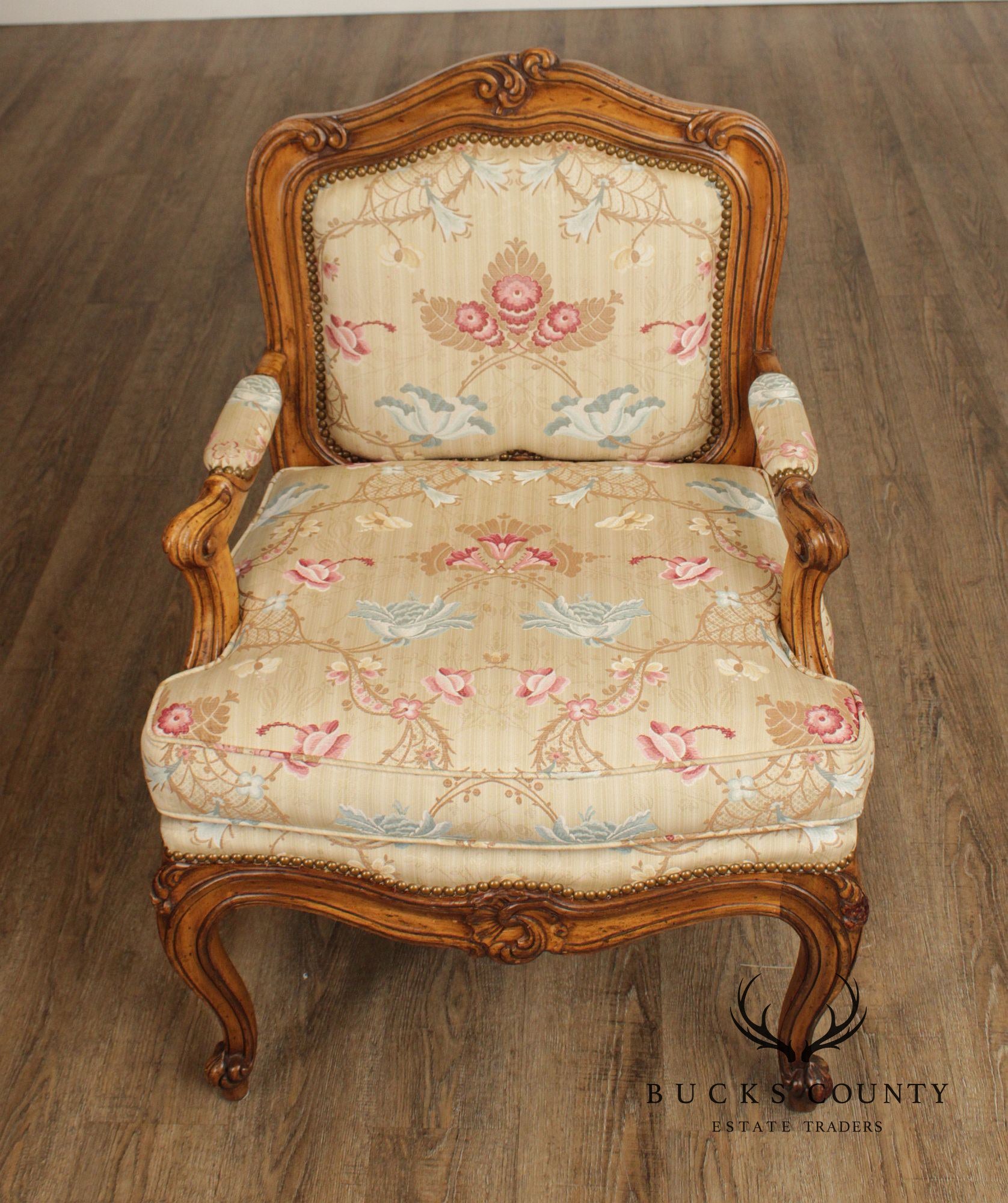 Italian Rococo Style Custom Upholstered Carved Walnut Armchair