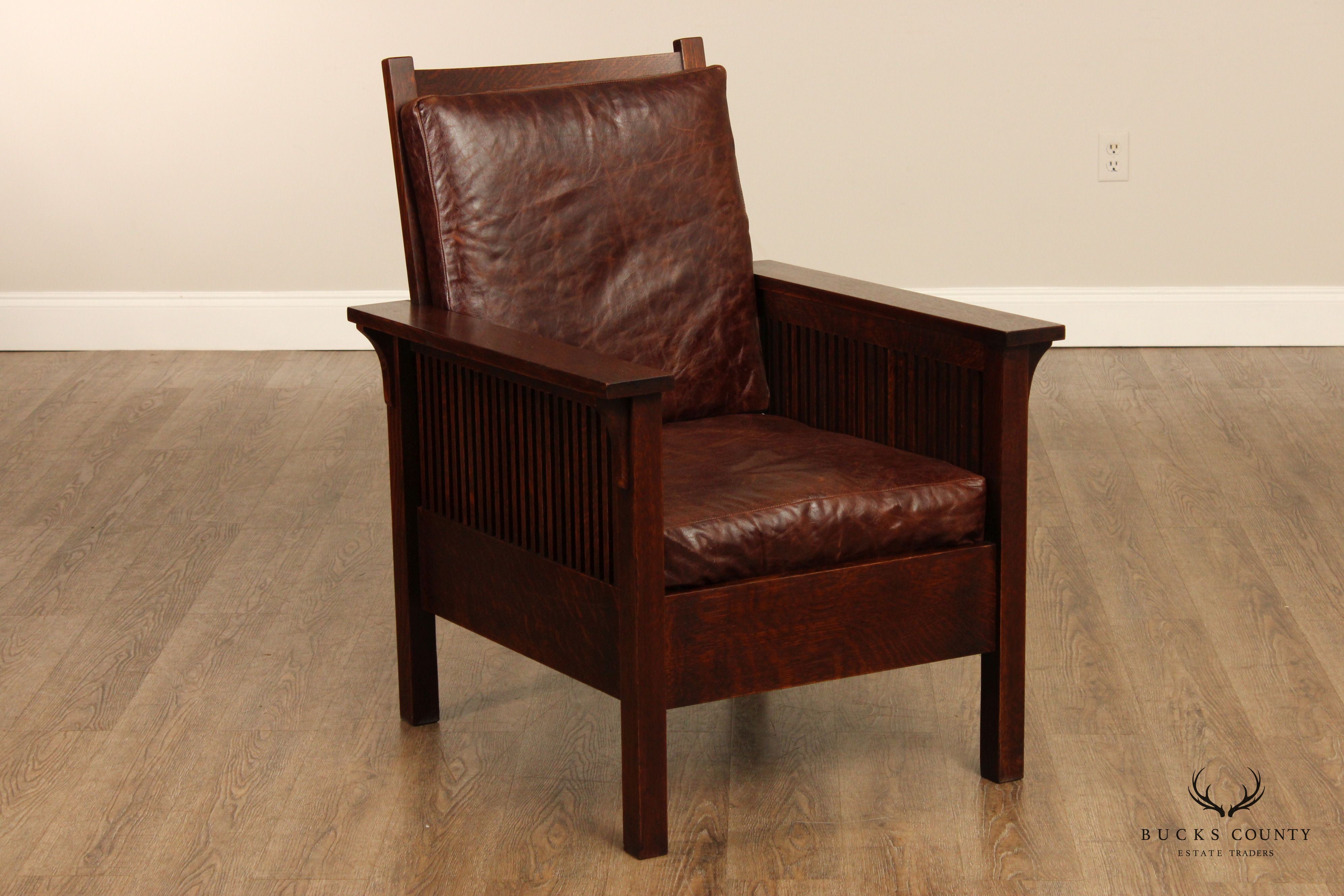 Stickley Mission Collection Oak and Leather Spindle Lounge Chair