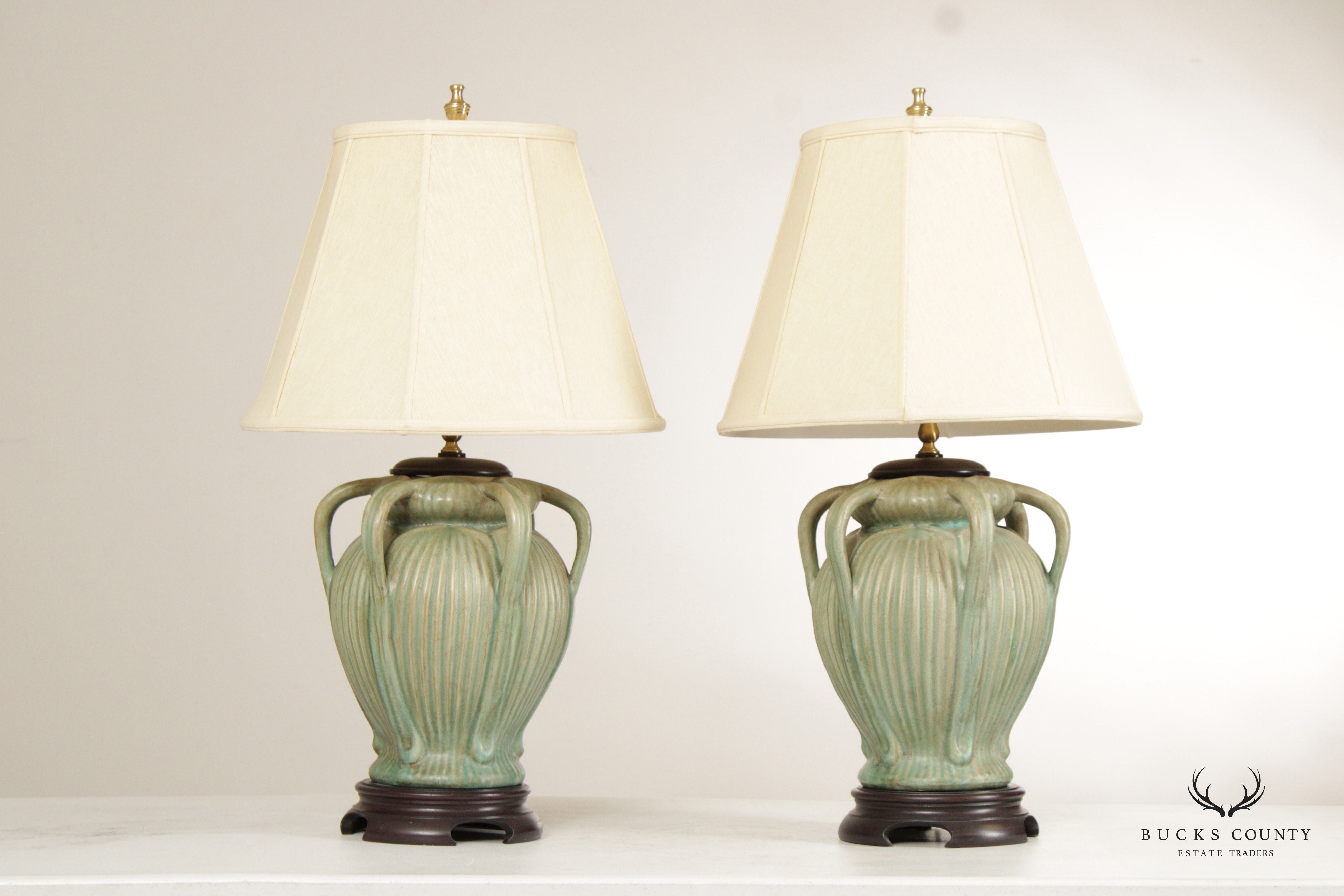 Bradburn Gallery Celadon Porcelain Pair Six Handled Organic Form Flower Vase Table Lamps