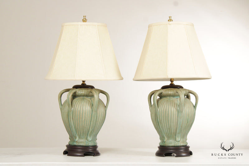Bradburn Gallery Celadon Porcelain Pair Six Handled Organic Form Flower Vase Table Lamps