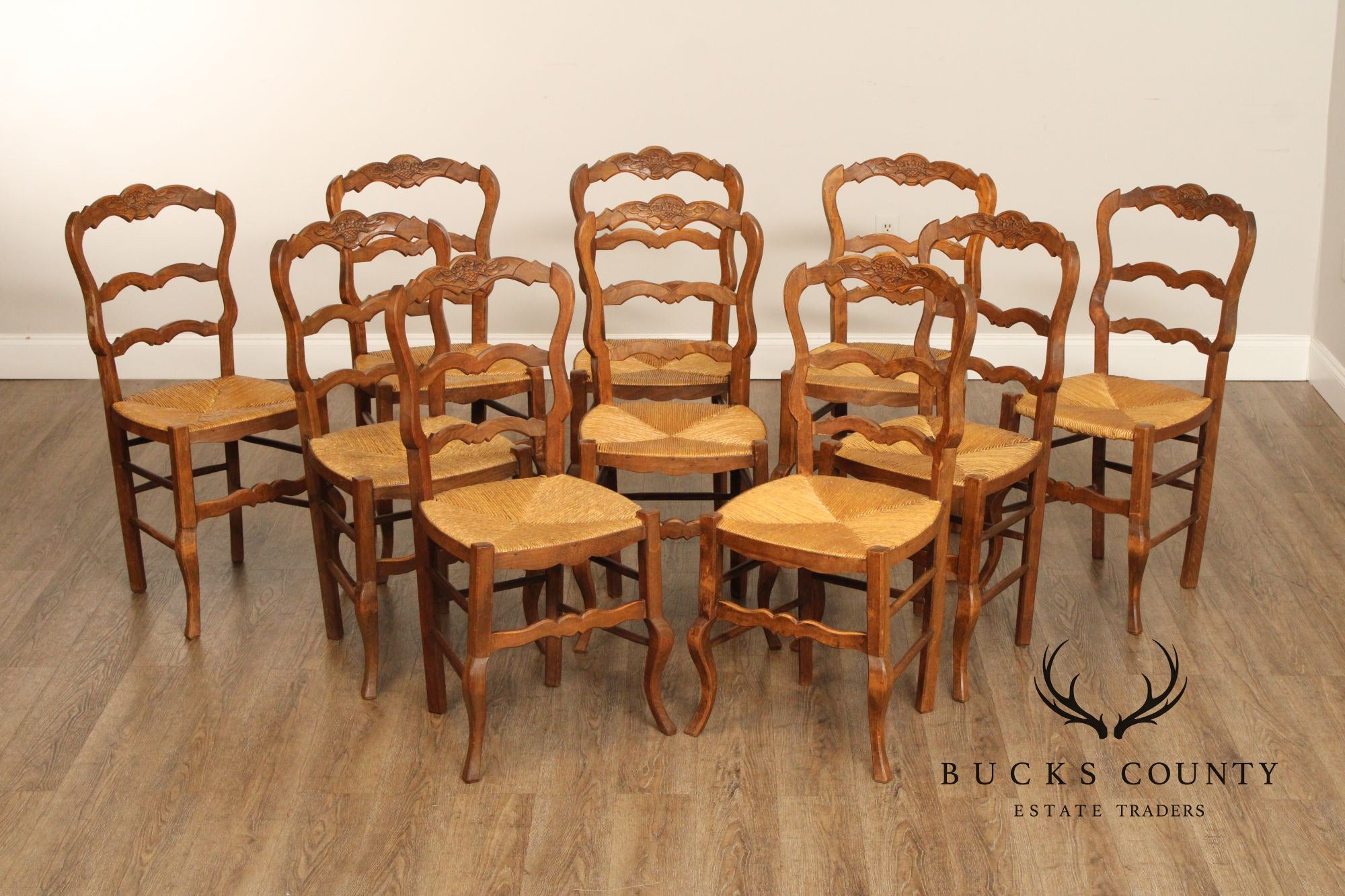 French Provincial Set Of 10 Rush Seat Dining Chairs