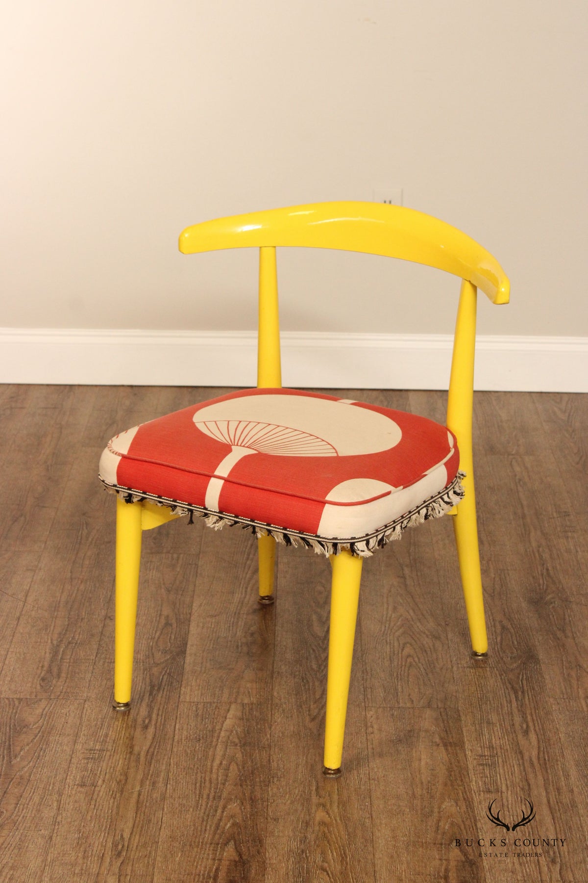 Vintage Mid Century Modern Pair Of Yellow Barrel Back Dining Chairs With Graphic Upholstery