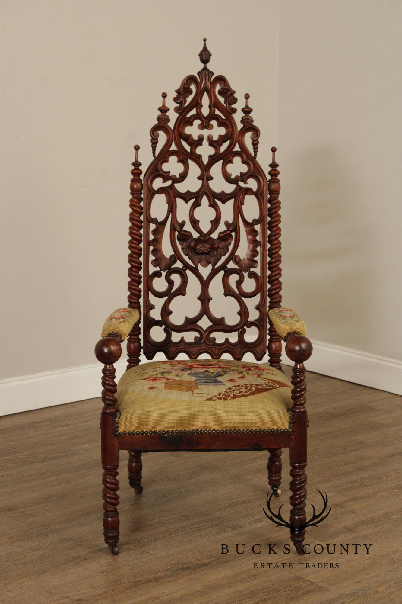 Antique American Gothic Revival Carved Walnut Throne Chair