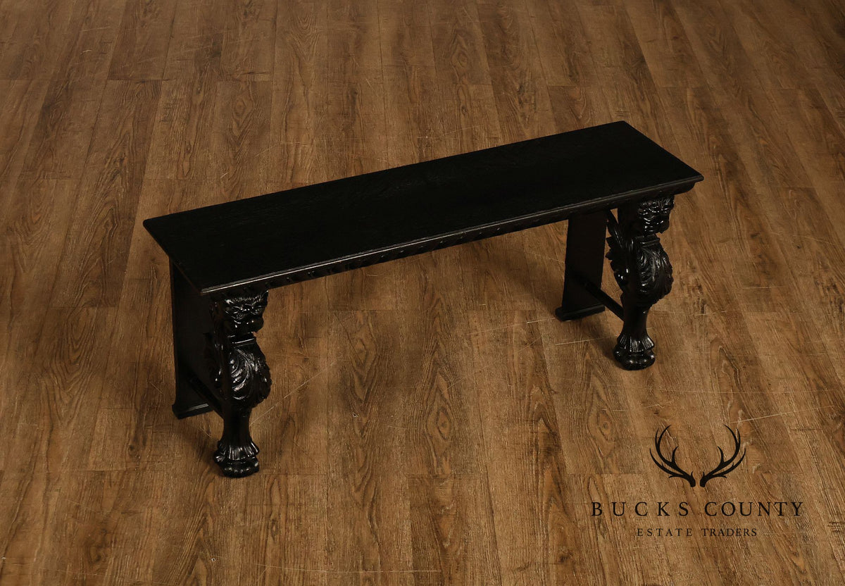 Antique Renaissance Revival Ebonized Oak Carved Griffin Bench