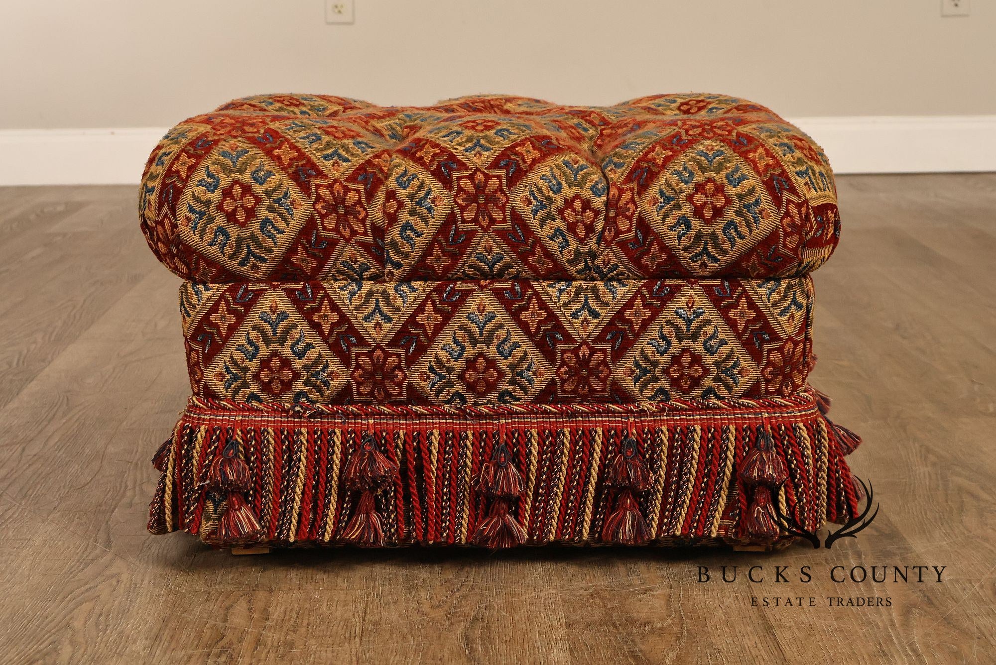 Pair of Tufted Upholstered Tassel Fringe Footstools Ottomans