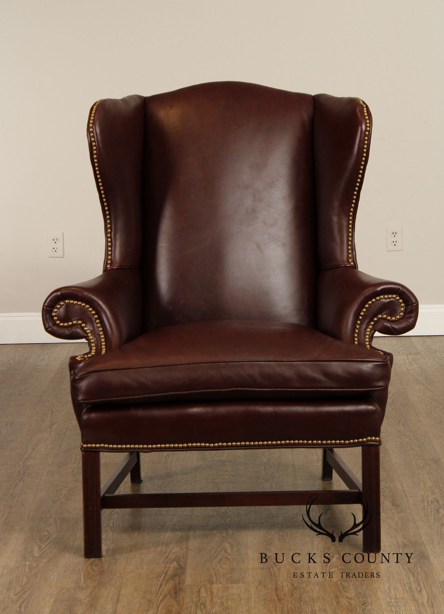 Chippendale Style Pair Of High Back Leather Wing Chairs