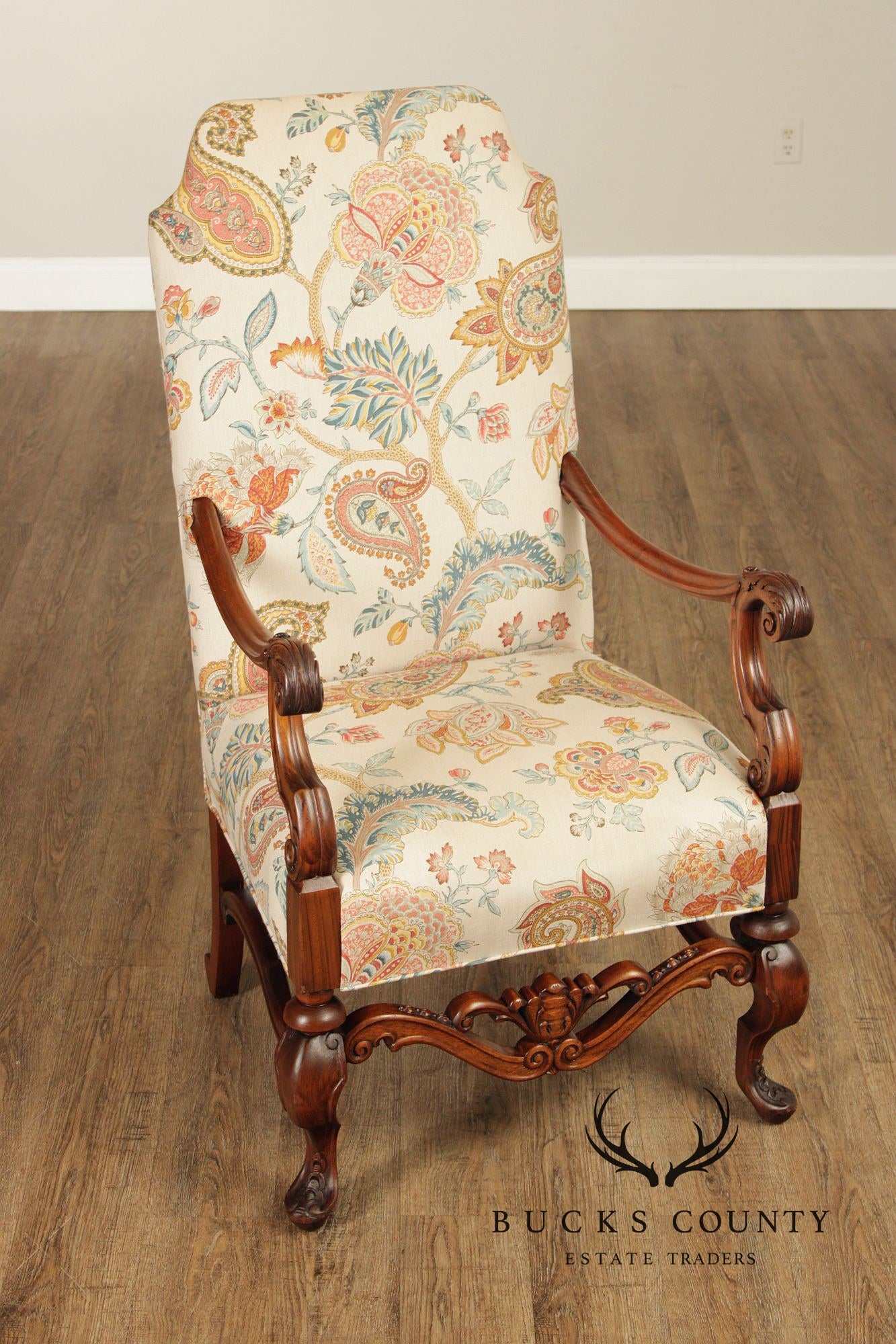 French Louis XIII Style Walnut Carved Armchair