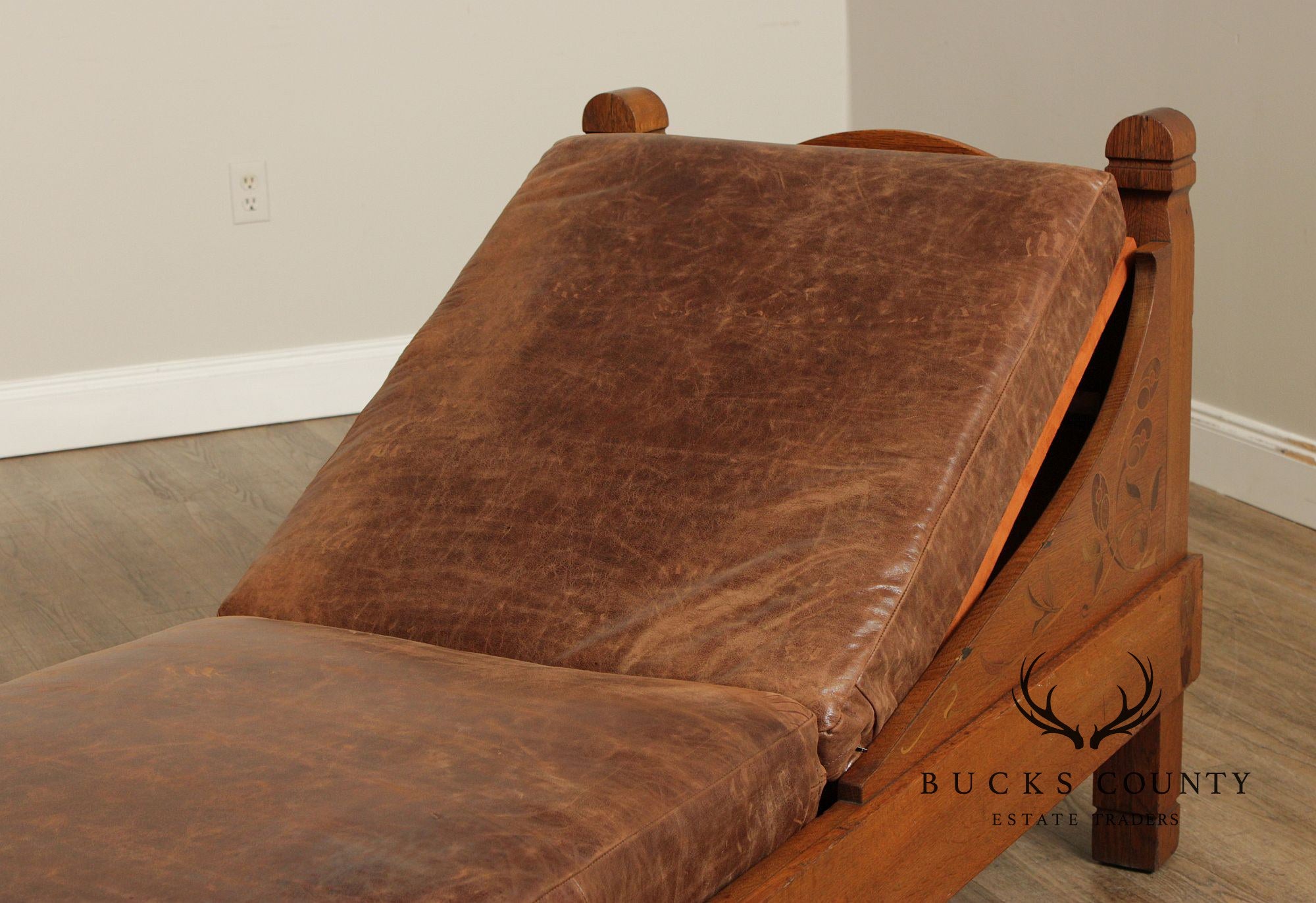 Early Stickley Brothers Inlaid Oak and Leather Daybed