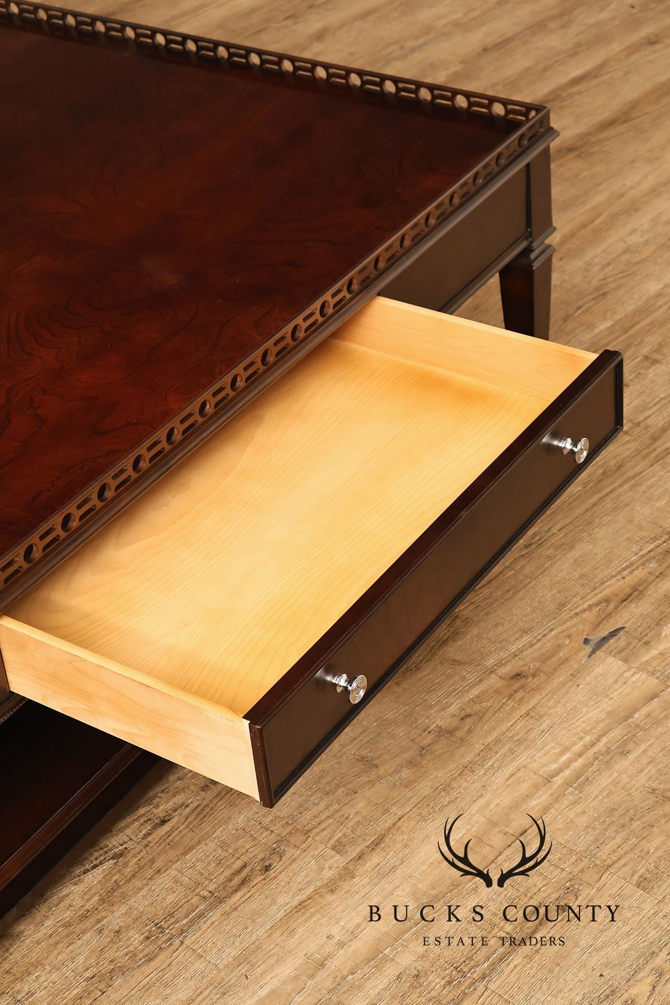 Century Furniture Large Mahogany Two Drawer Gallery Top Rectangular Cocktail Coffee Table