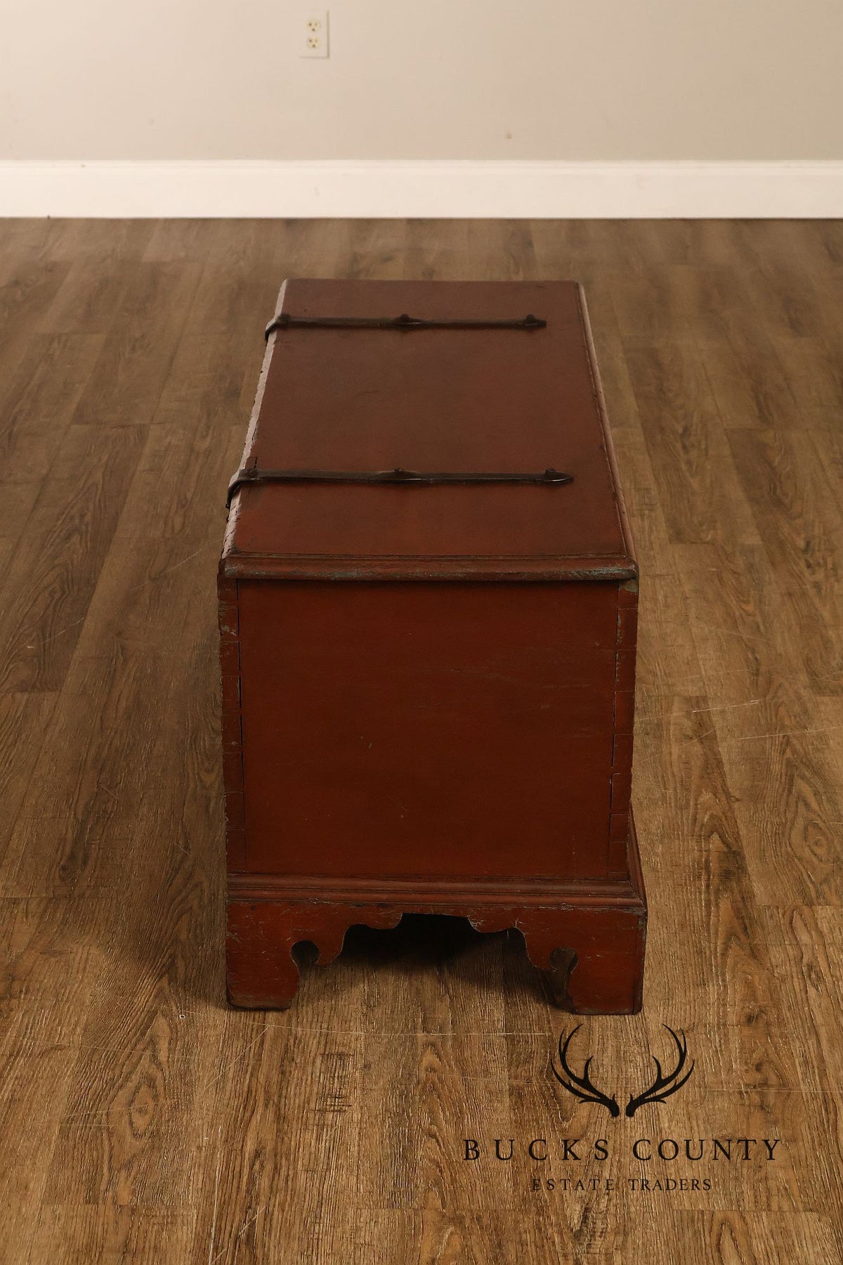Antique Red Painted Cedar Blanket Chest With Cast Iron Strapping