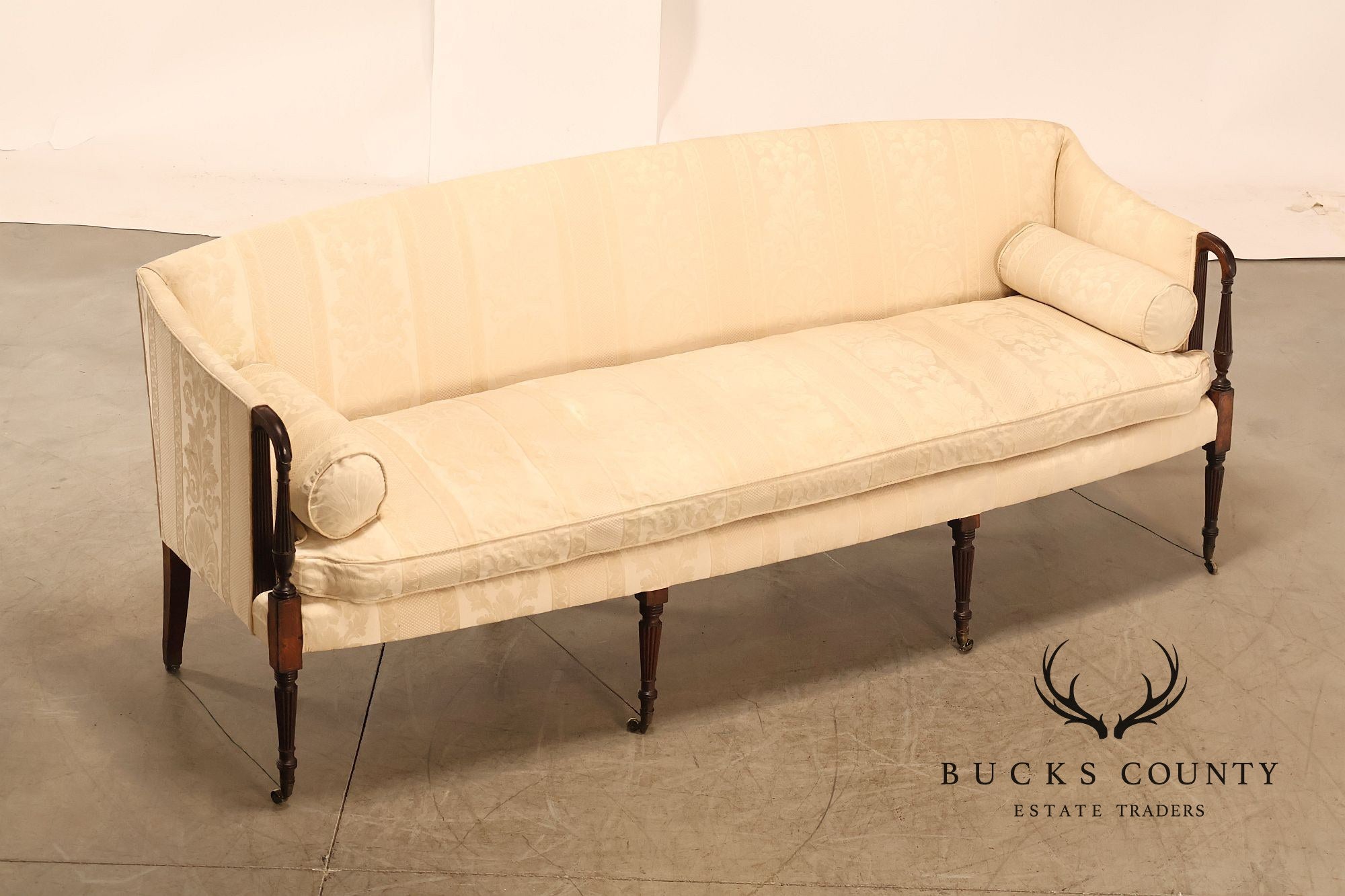 Antique Sheraton Style Mahogany Camelback Upholstered Sofa