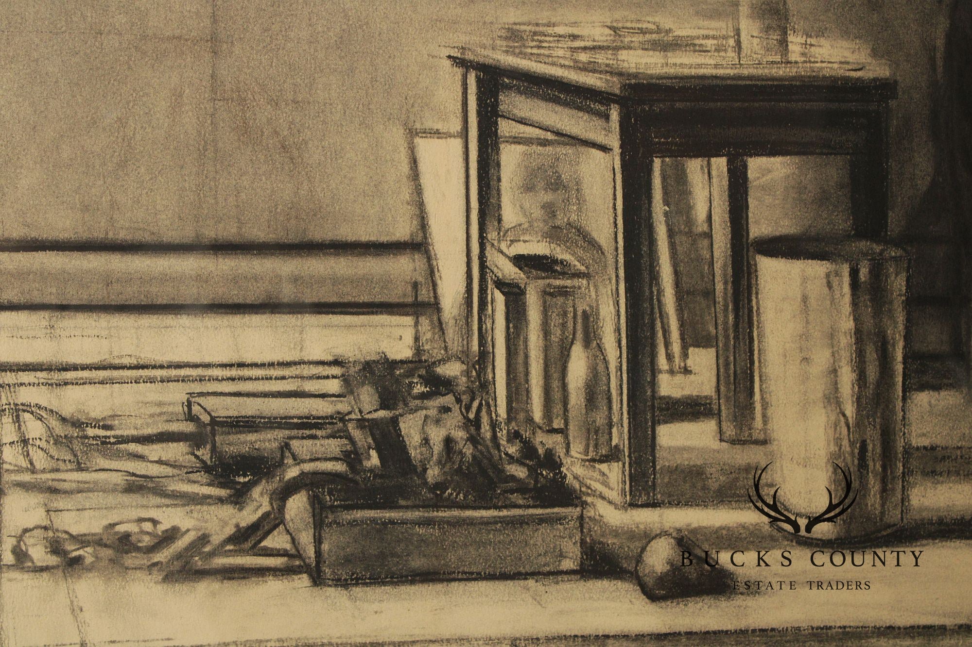 Sidney Goodman Charcoal Drawing, 'Interior with Figure'