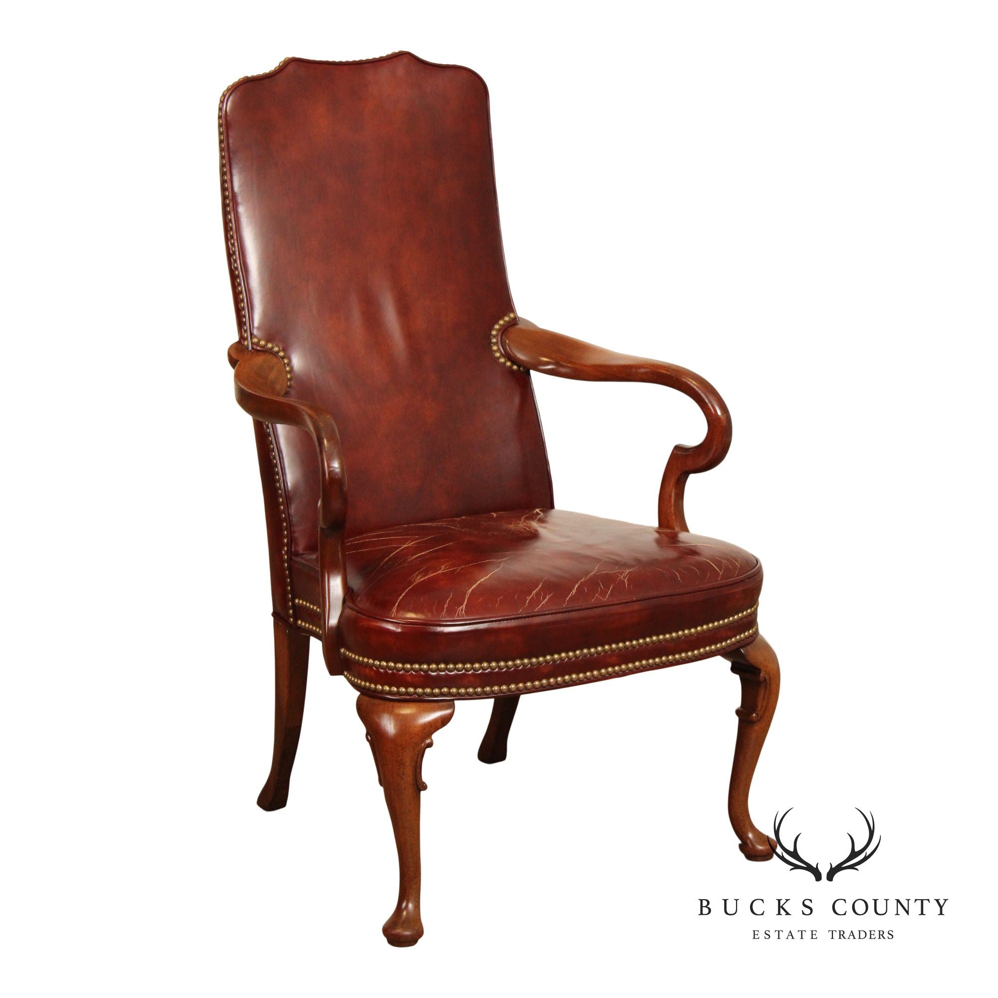 Hickory Chair Queen Anne Style Mahogany and Vintage Leather Armchair