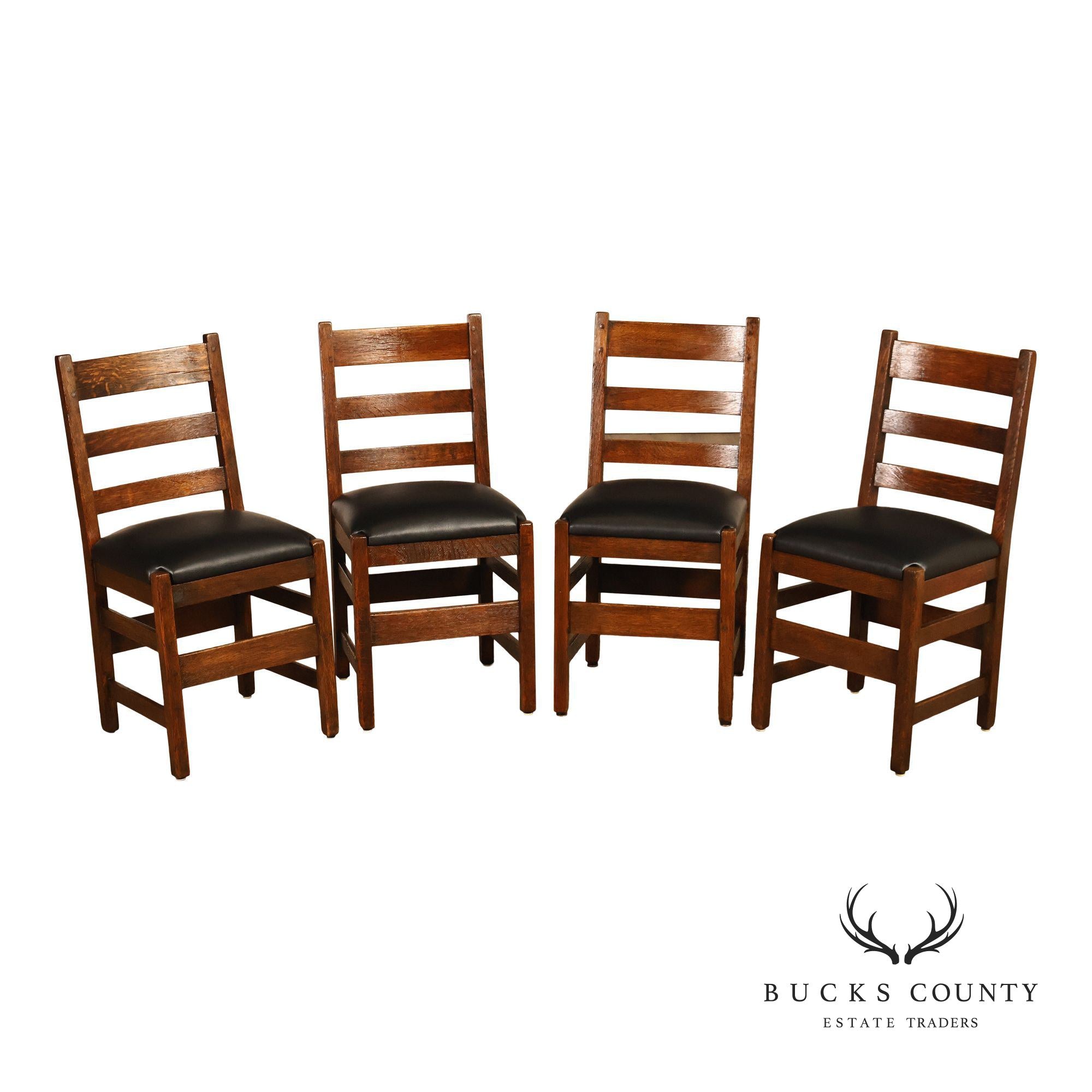 Antique L. & J.G. Stickley Mission Oak Set Of Four Ladder Back Dining Chairs