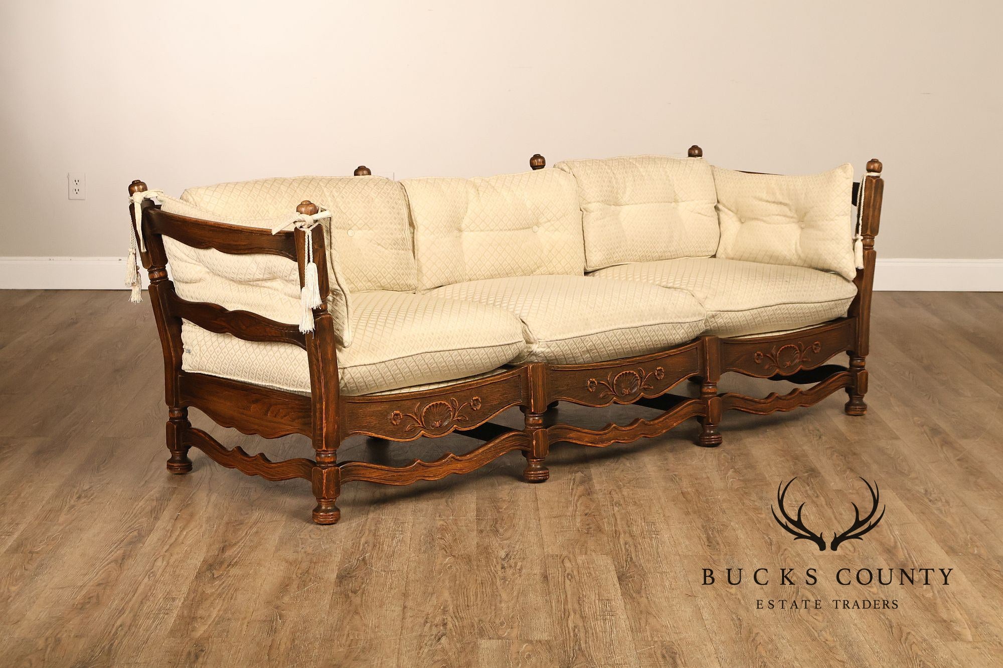 French Country Style Carved Oak Frame Three Seat Sofa