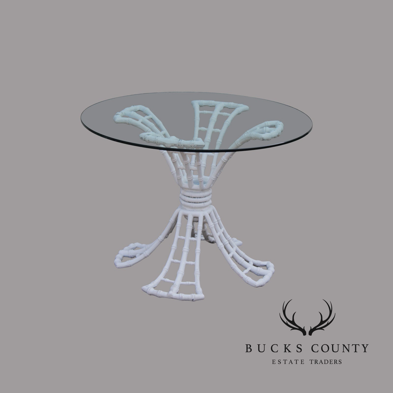 Hollywood Regency Cast Aluminum Faux Bamboo Round Glass Top Patio Table