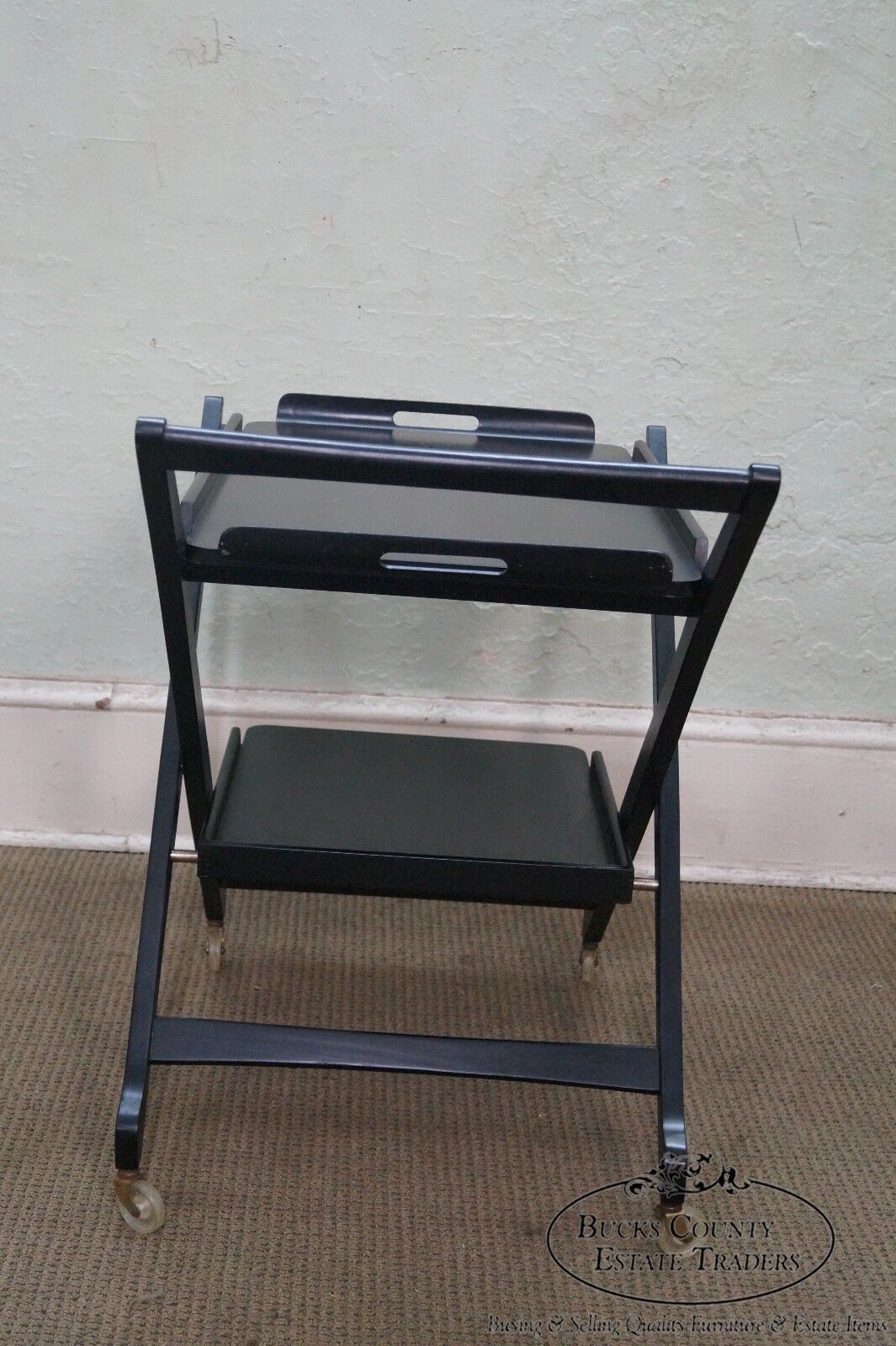 Italian Mid Century Modern Black Ebonized X Form Server Bar Cart