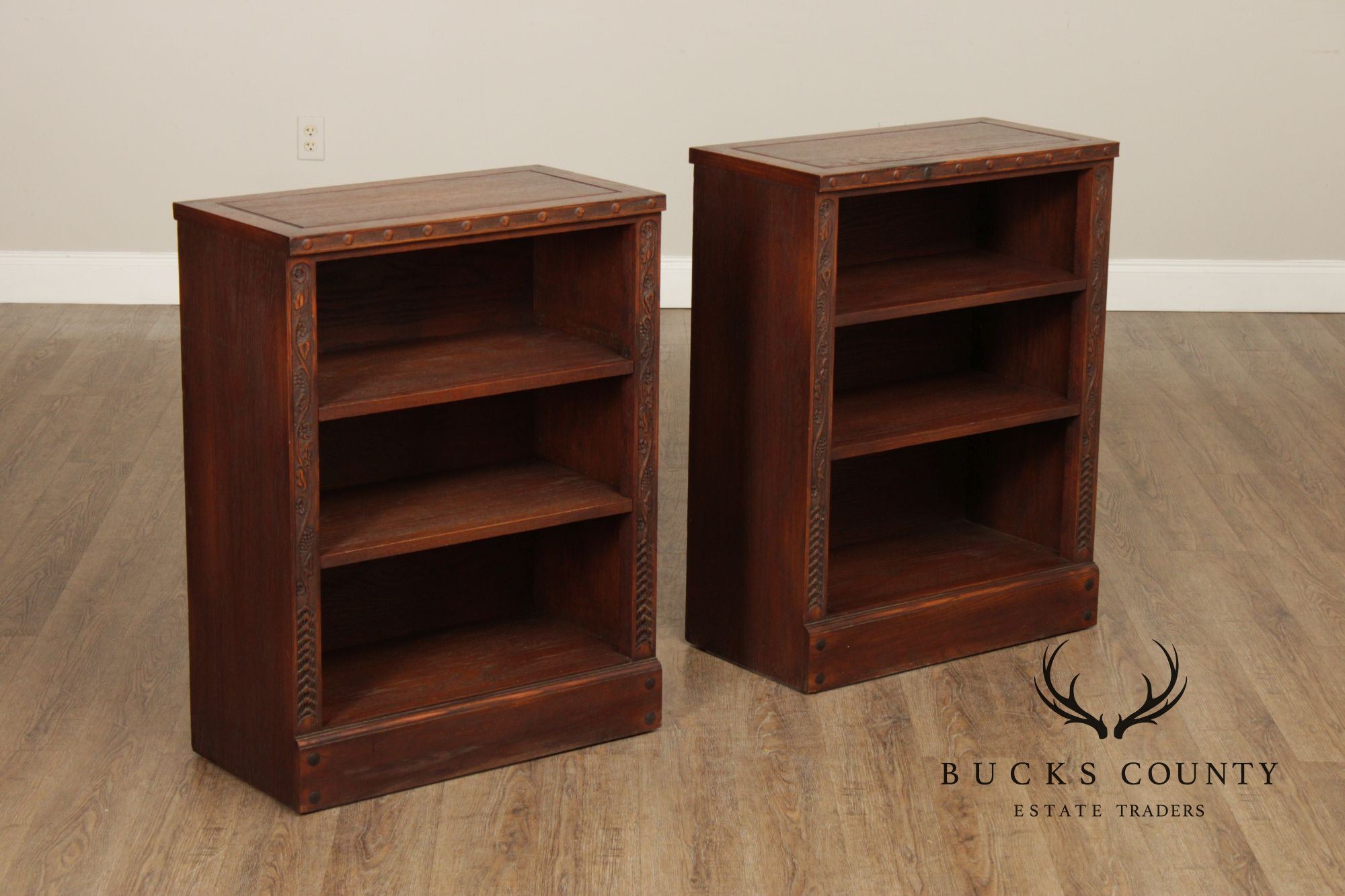 Romweber Pair of Carved Oak Low Bookcases