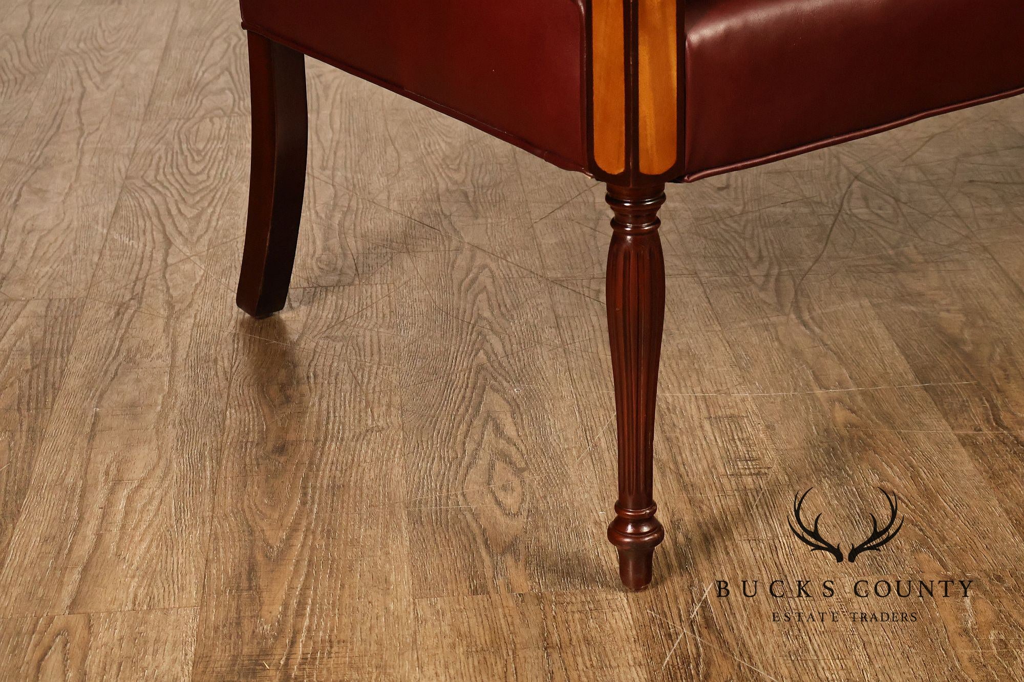 Hancock & Moore Sheraton Style Inlaid Mahogany Leather Settee