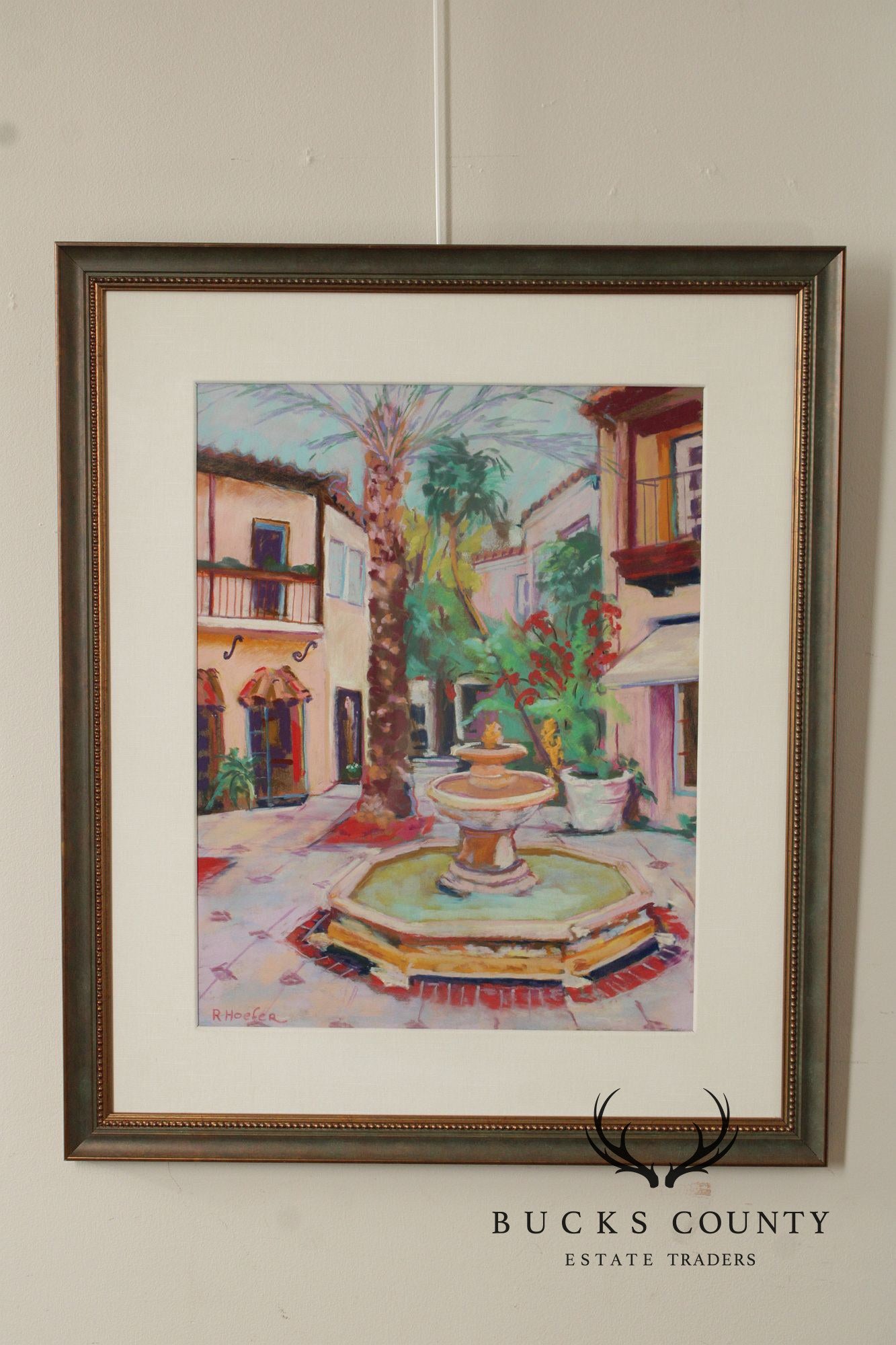 R. Hoefer Oil Pastel Painting, Spanish Courtyard