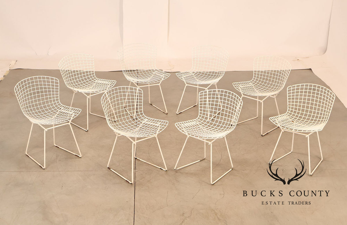 Vintage Mid Century Modern Set Of Eight Bertoia Style White Wire Dining Chairs