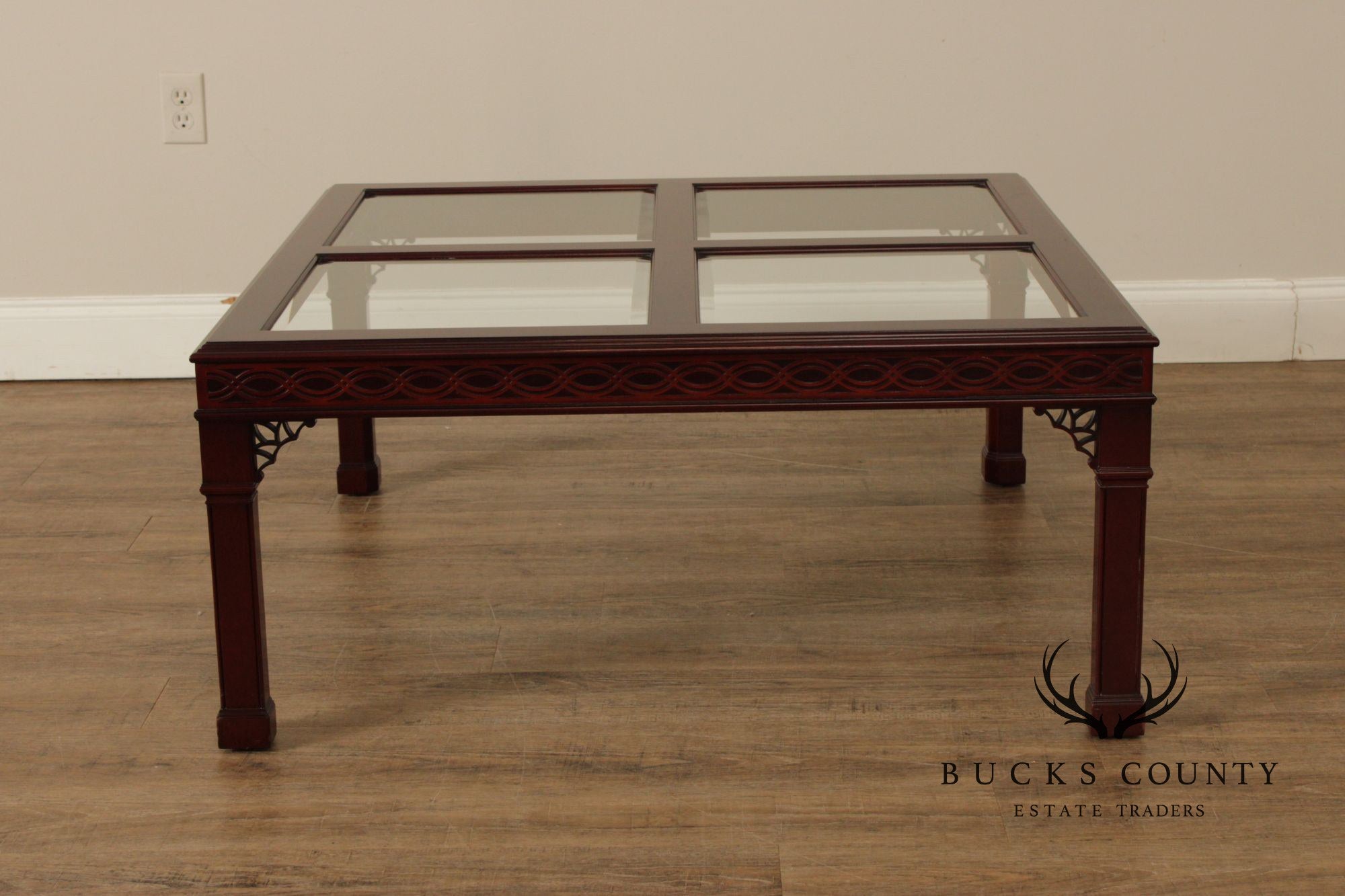 Kindel Chinese Chippendale Style Glass Top Mahogany Coffee Table