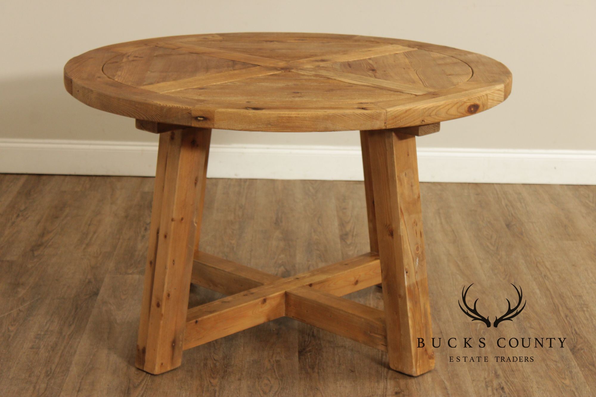 Rustic Industrial Round Pine Dining Or Center Table With X-Base