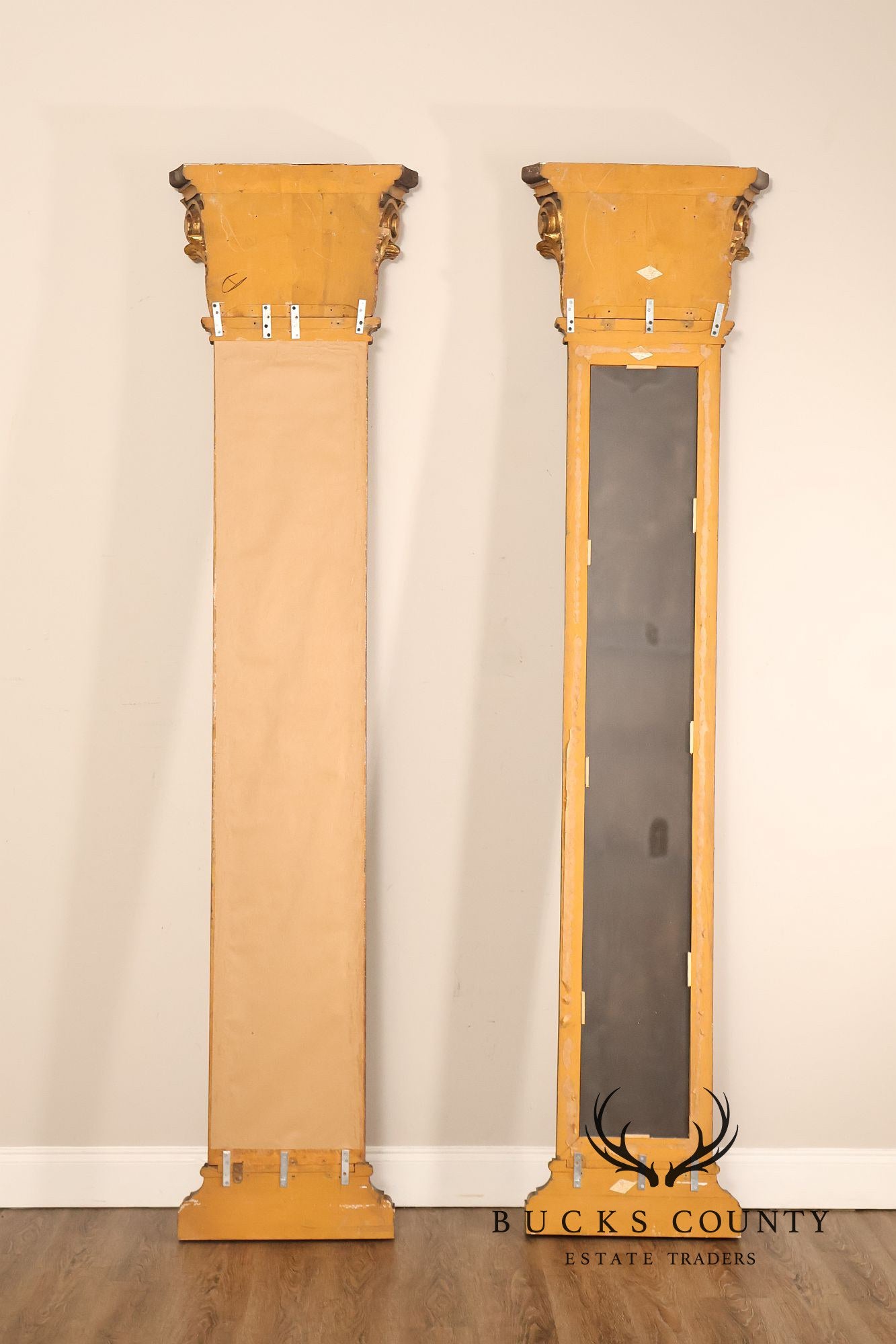 Pair Of Decorative Mirrored Wall Columns With Gilt Carved Capitals By Francisco Hurtado