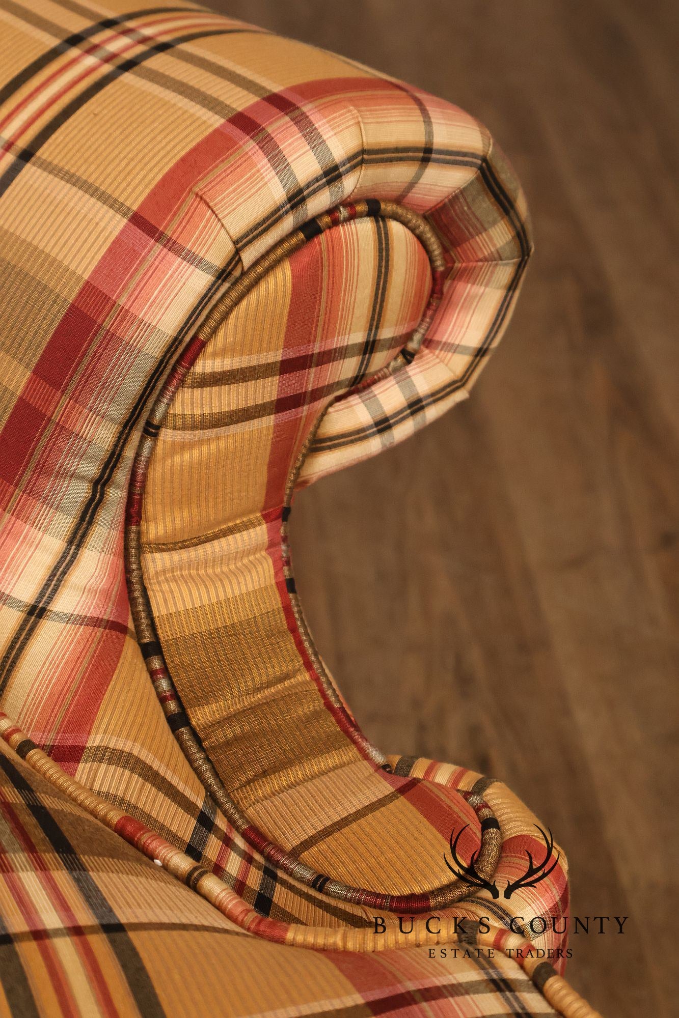 Ethan Allen Chippendale Style Plaid Upholstered Wing Chair