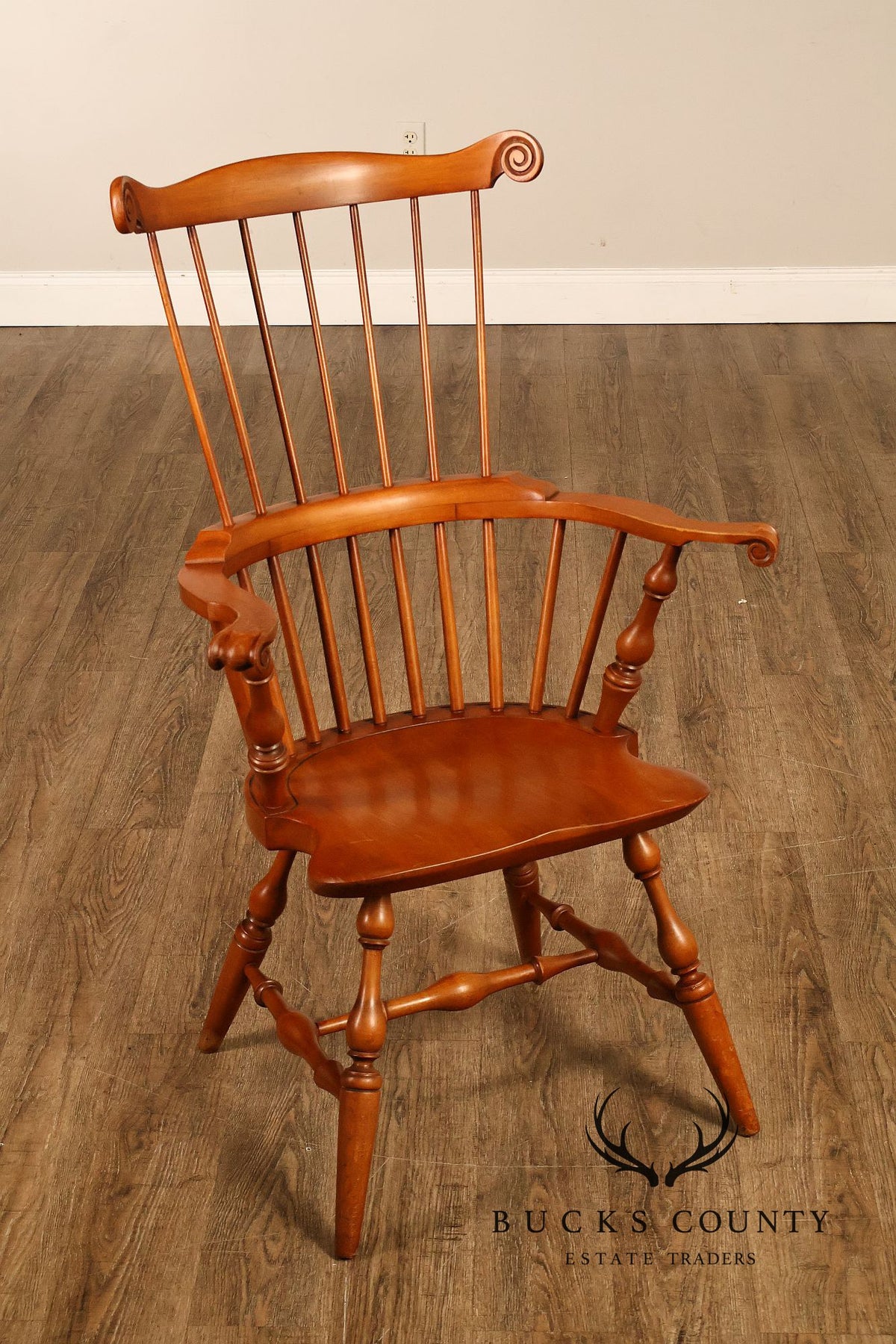 Conant Ball Maple Windsor Armchair With Scroll Crest Rail