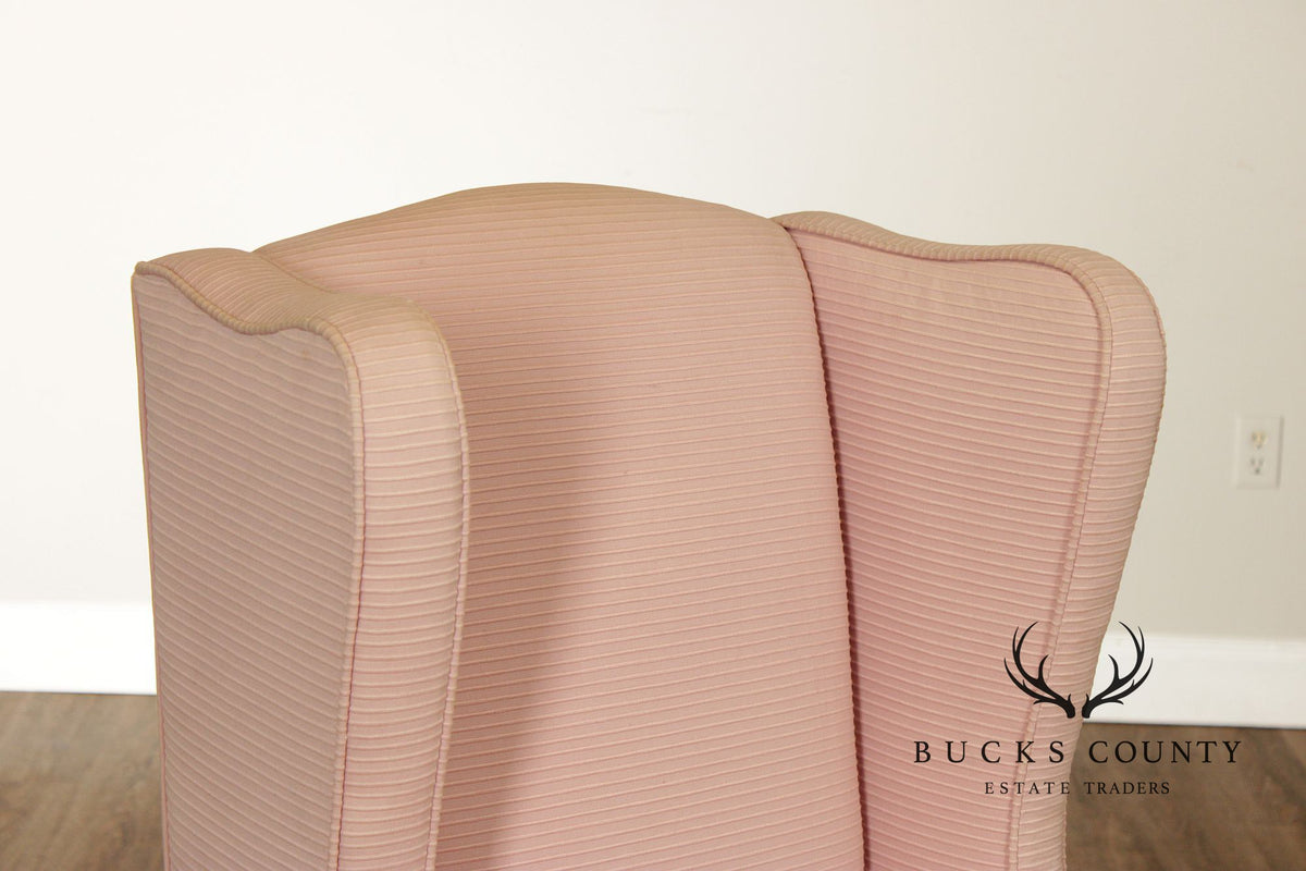 Custom Quality Vintage Pink Upholstered Wingback Chair With Cabriole Legs