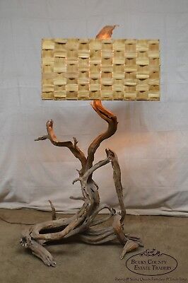 Mid-Century Large Driftwood Floor Lamp with Sabutan Dornbush Woven Shade