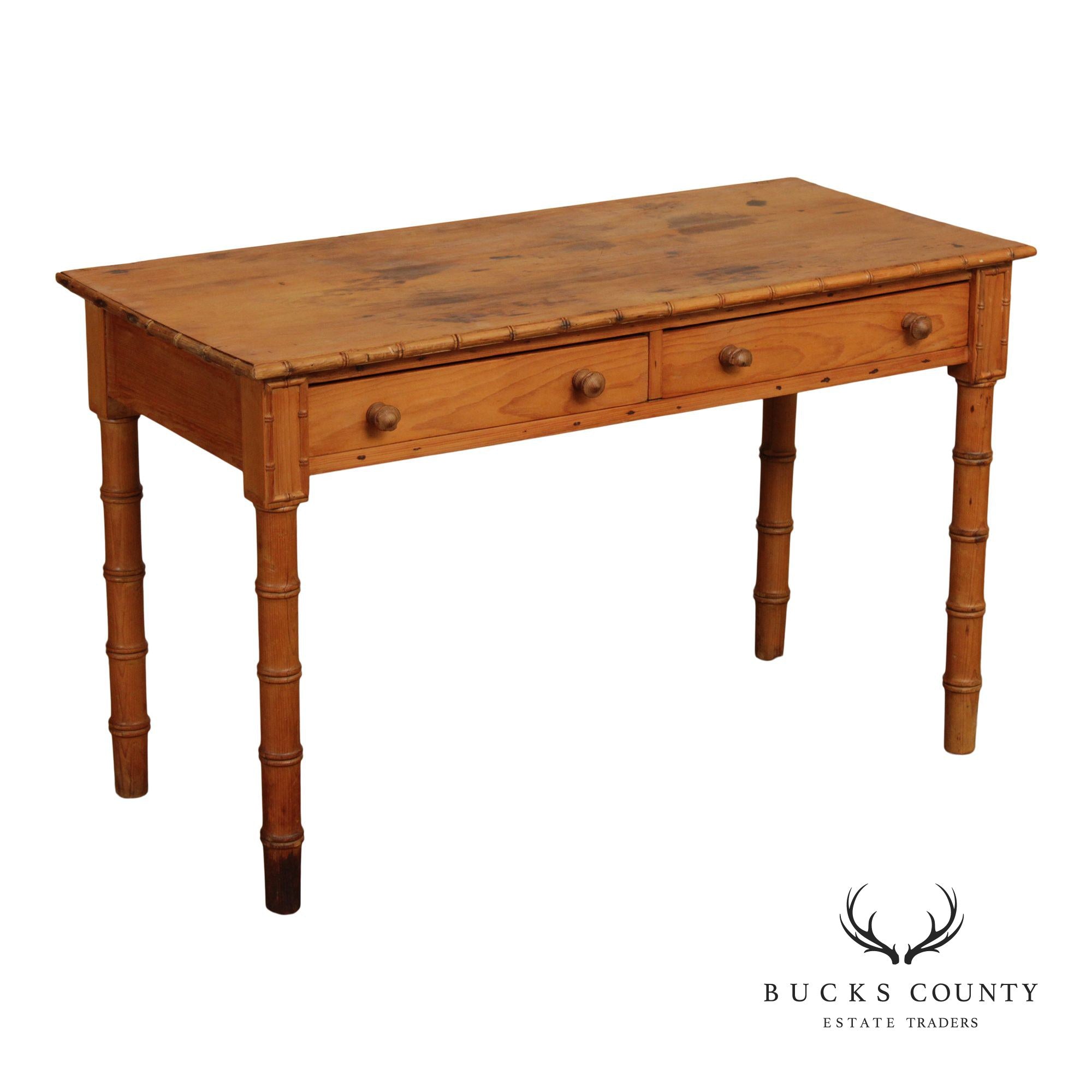 Antique Faux Bamboo Two-Drawer English Pine Writing Desk