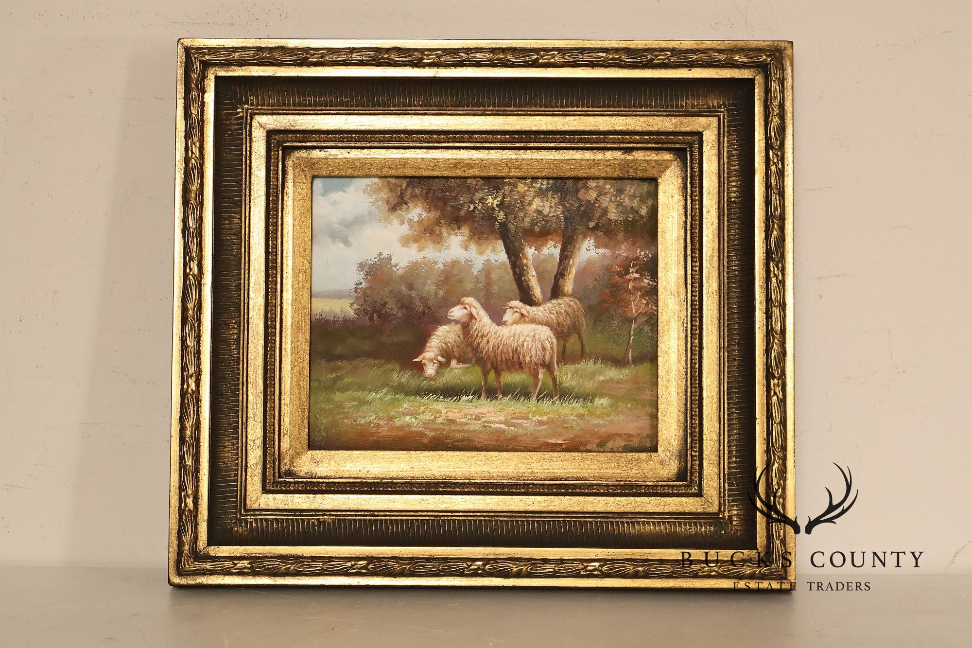 Continental Style Pair of Pastoral Landscape Paintings With Sheep