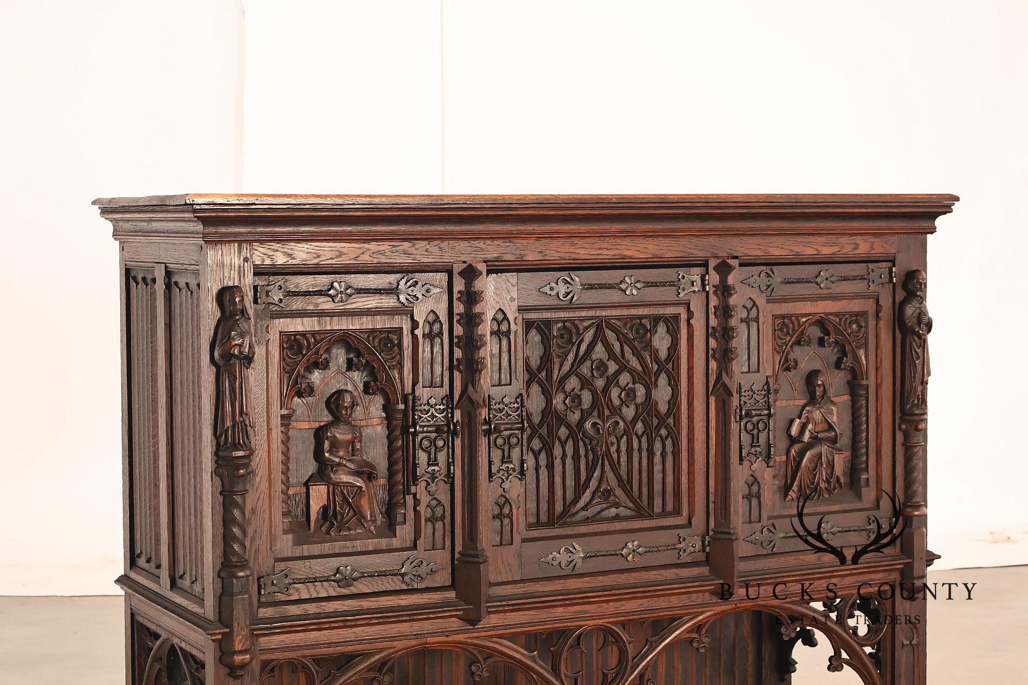 Antique Neo-Gothic Carved Oak Sideboard Server With Figural Panels