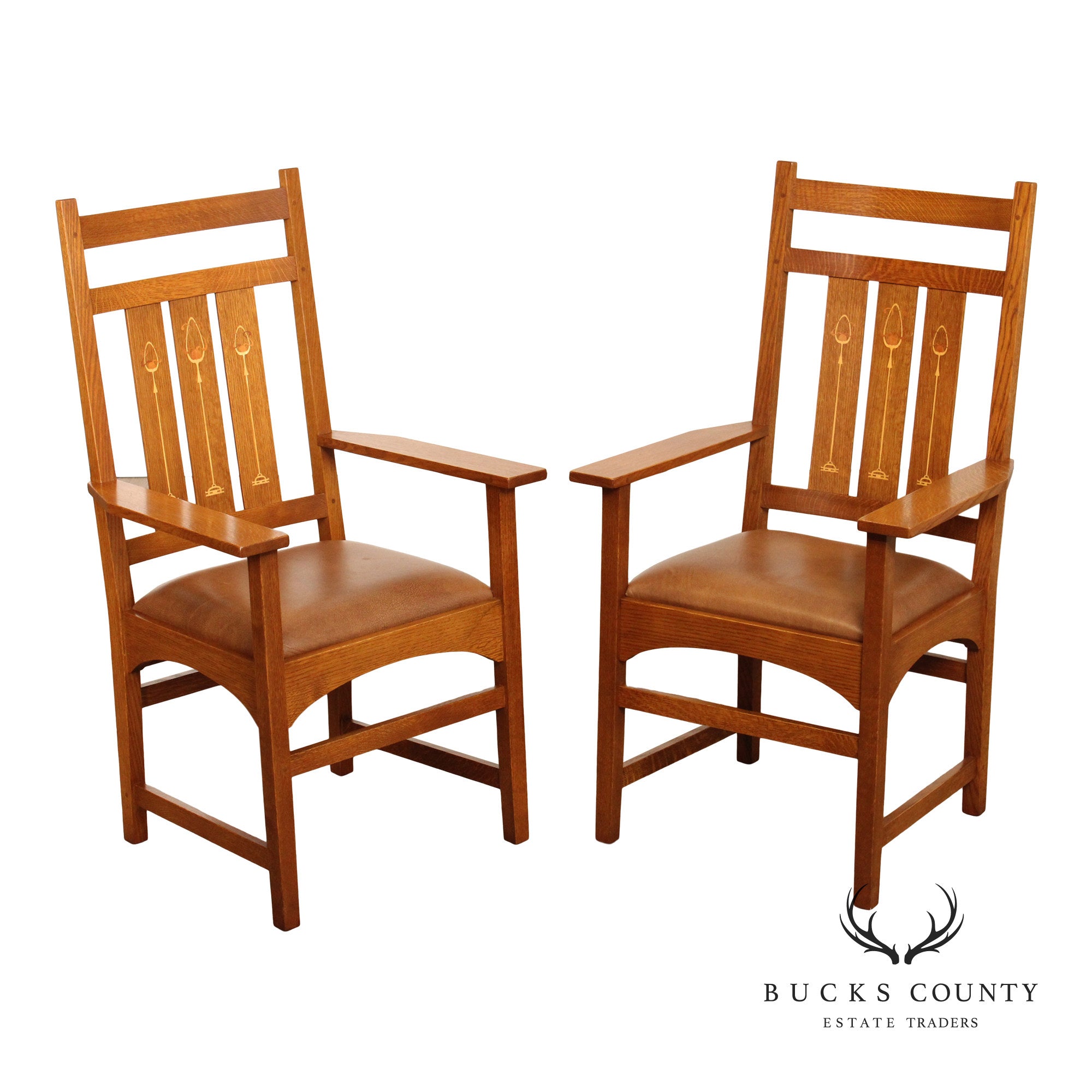 Stickley Mission Collection Pair of Harvey Ellis Inlaid Oak Dining Armchairs