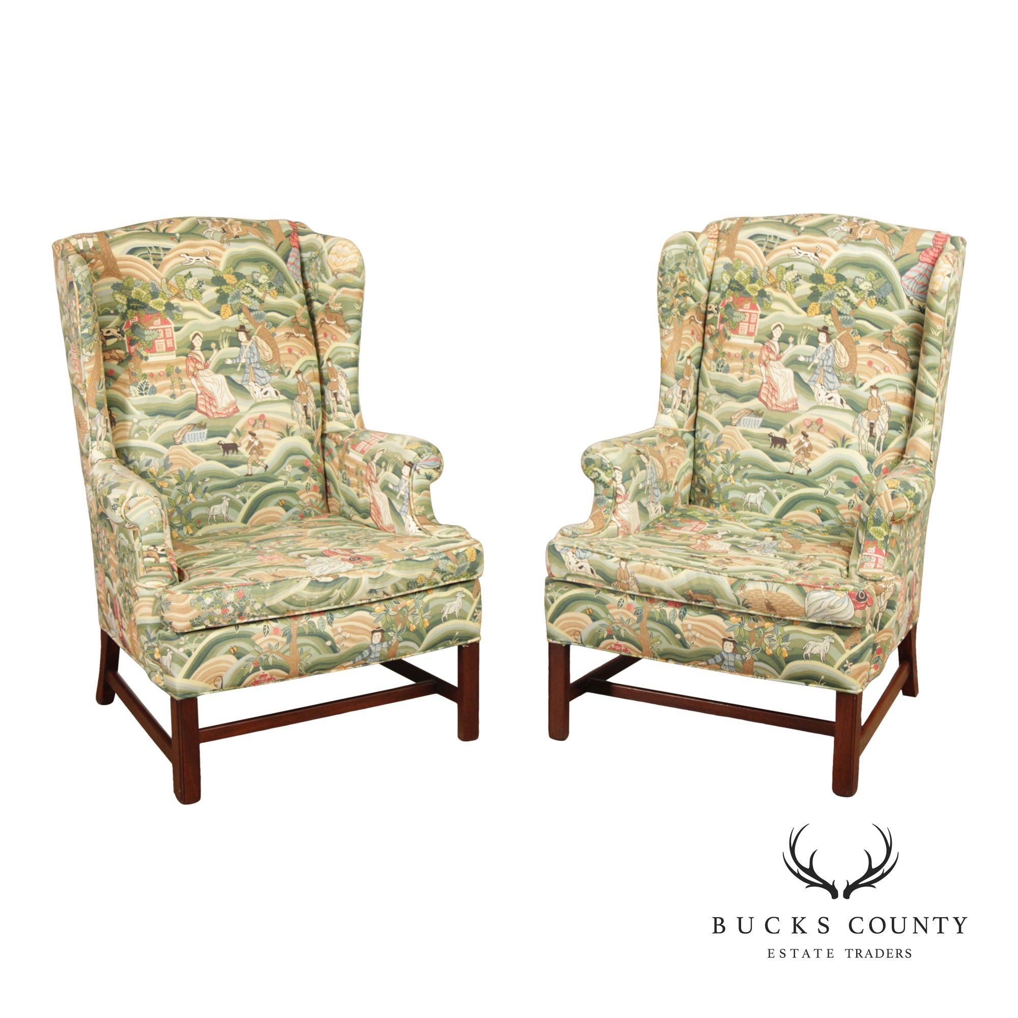 Chippendale Style Pair of Mahogany Wingback Chairs