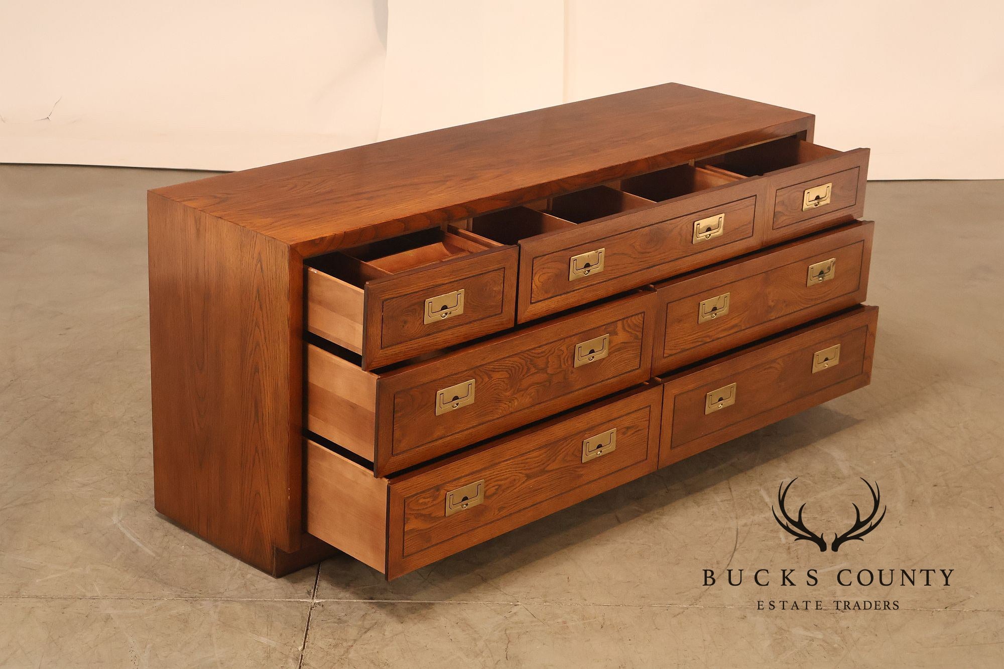 Henredon Campaign Style Oak Seven Drawer Dresser