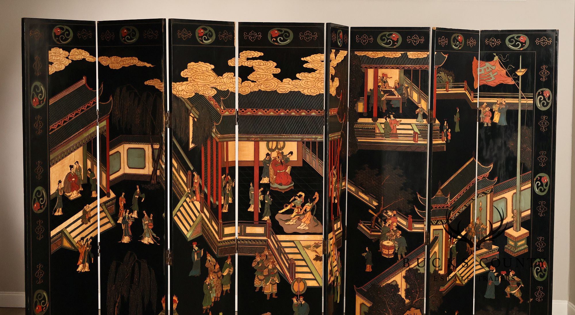 Chinese Coromandel Style Pair Of Eight Panel Folding Screens