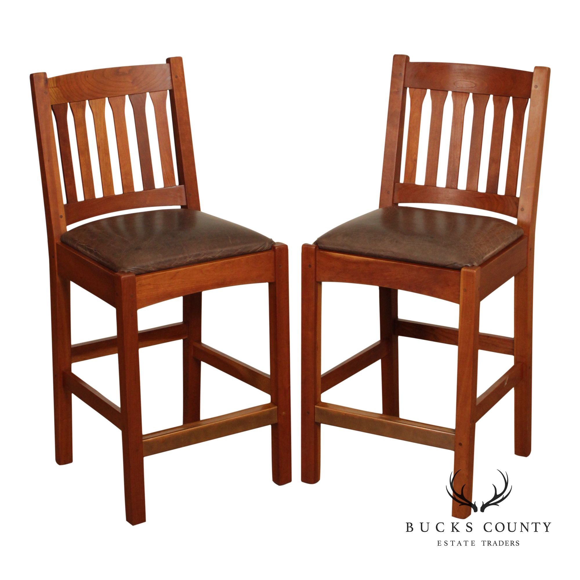 Stickley Mission Collection Pair of Cherry and Leather Slat Back Stools