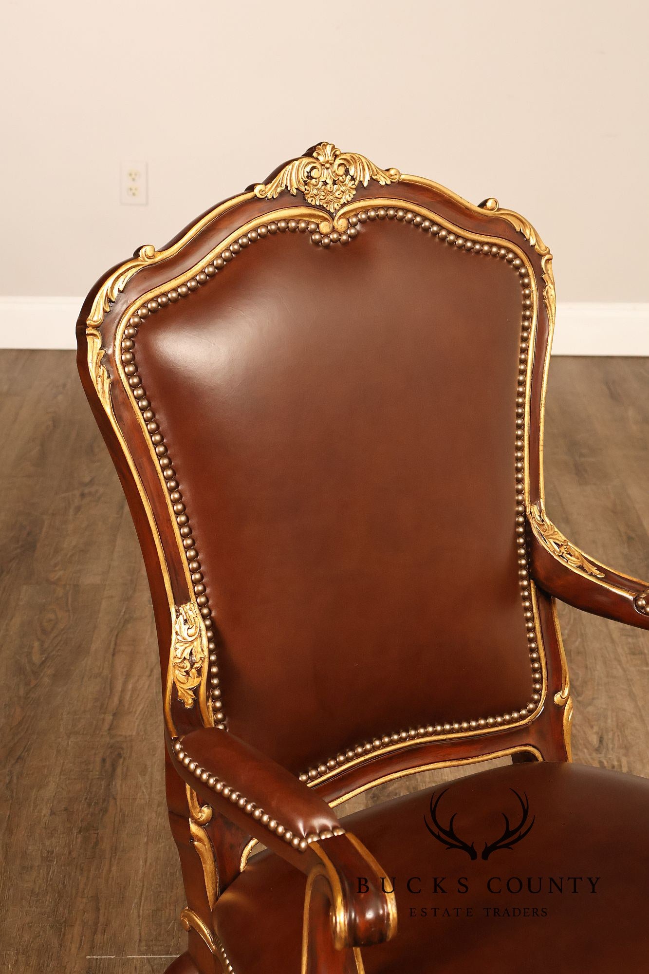 Scarborough House Pair Of French Rococo Style Gilt Mahogany Leather Upholstered Armchairs