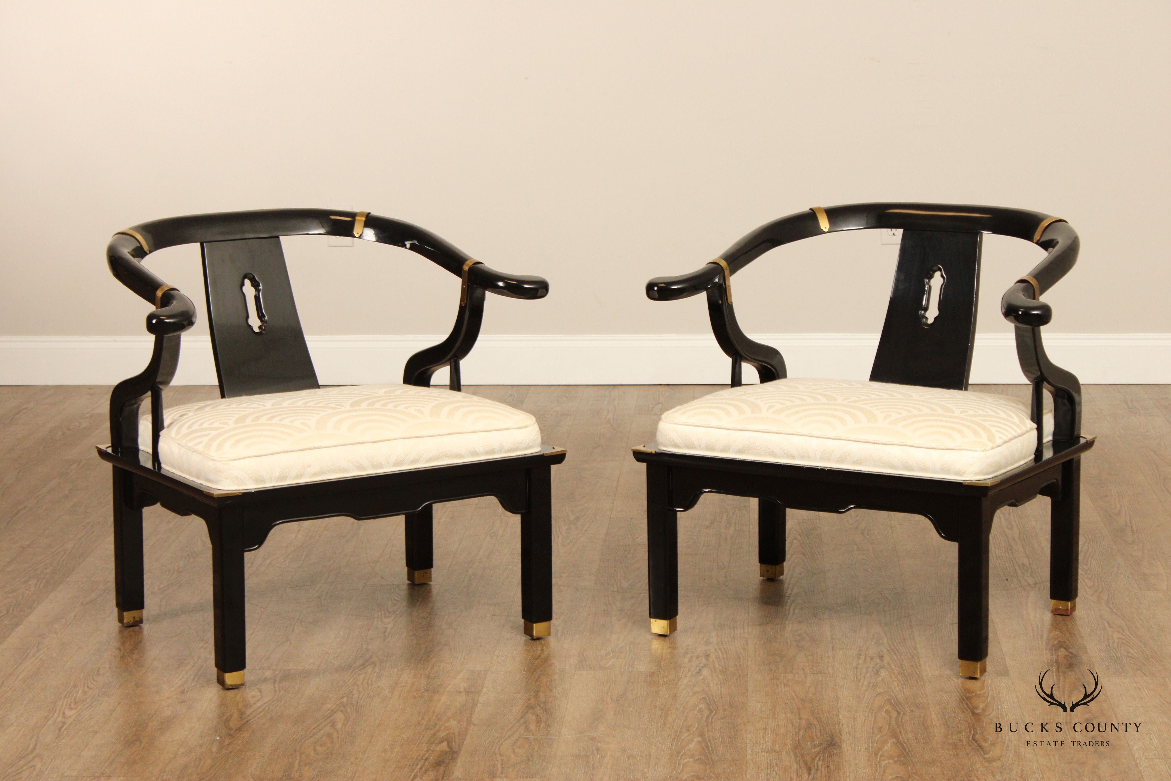 Century Chair Co. Vintage Pair Of Black Lacquer Ming Armchairs