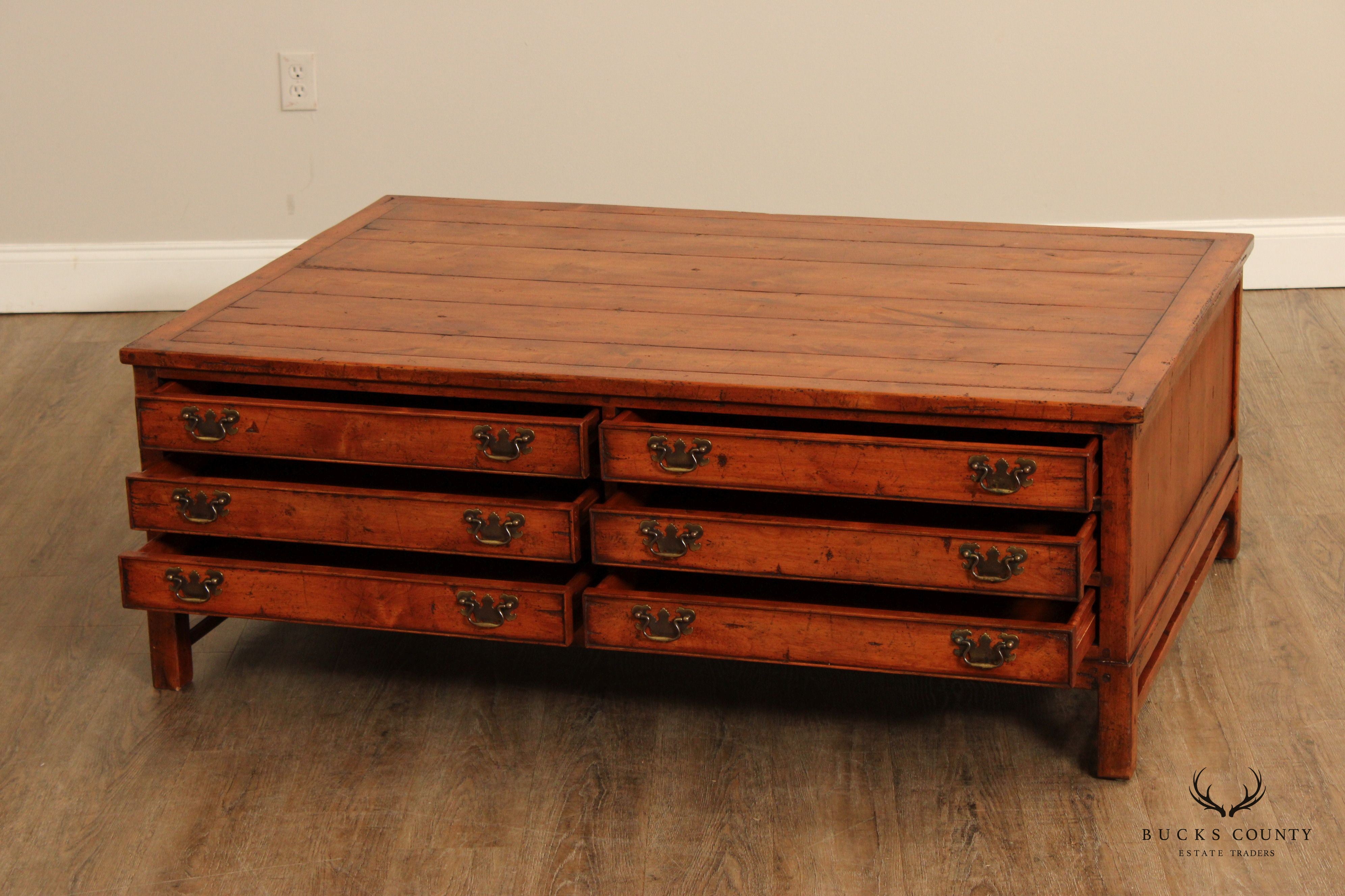 Rustic Distressed Finish Multi-Drawer Coffee Table