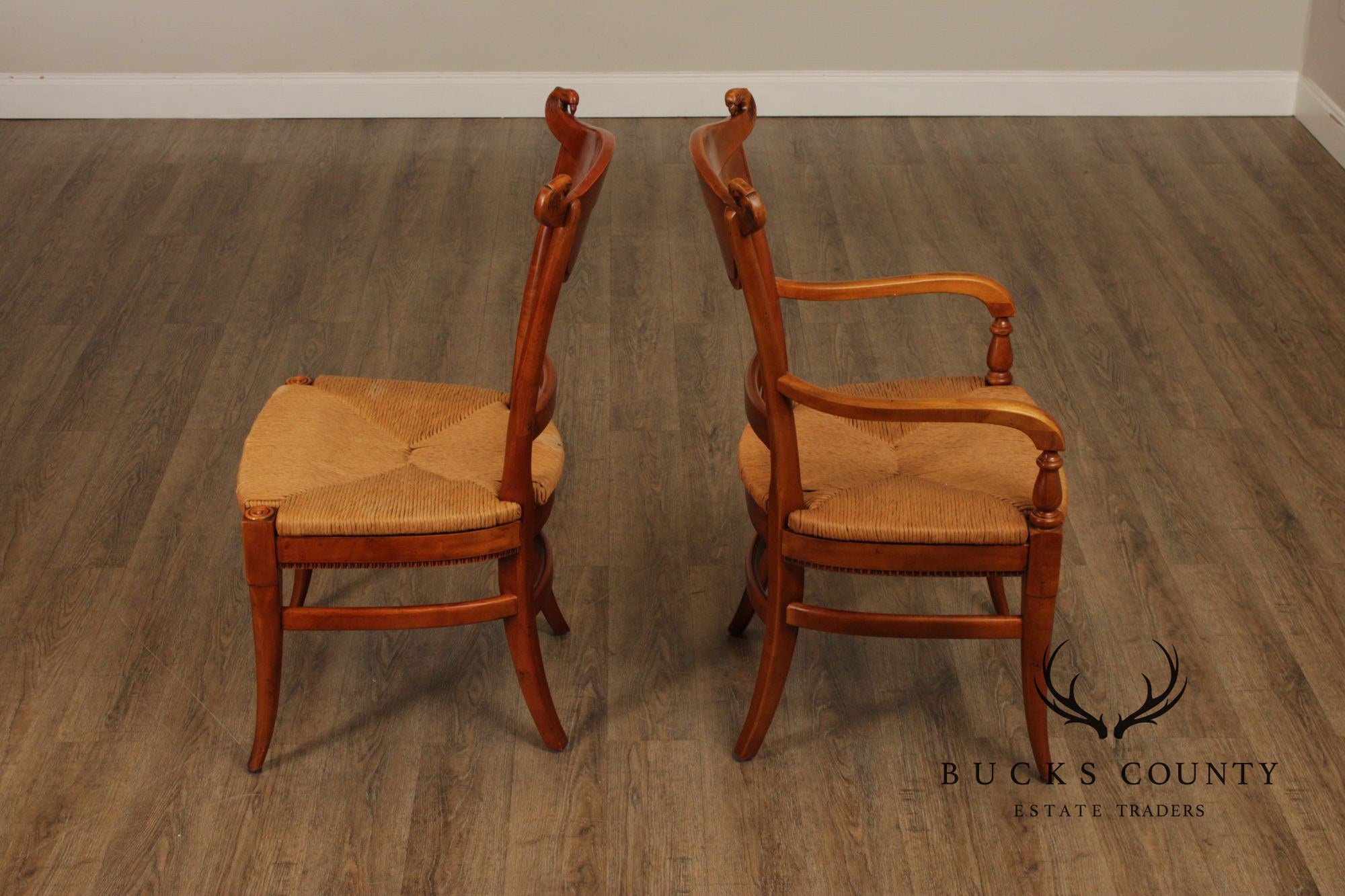 Federal Style Set of Four Eagle-Carved Rush Seat Dining Chairs