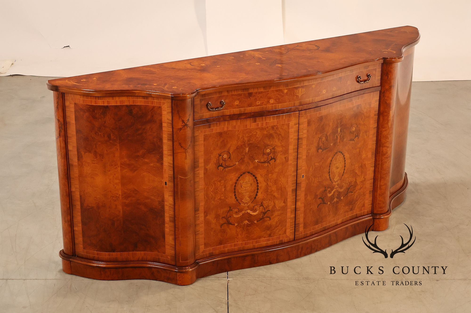 Italian Style Marquetry Inlaid Burl Wood Credenza Sideboard