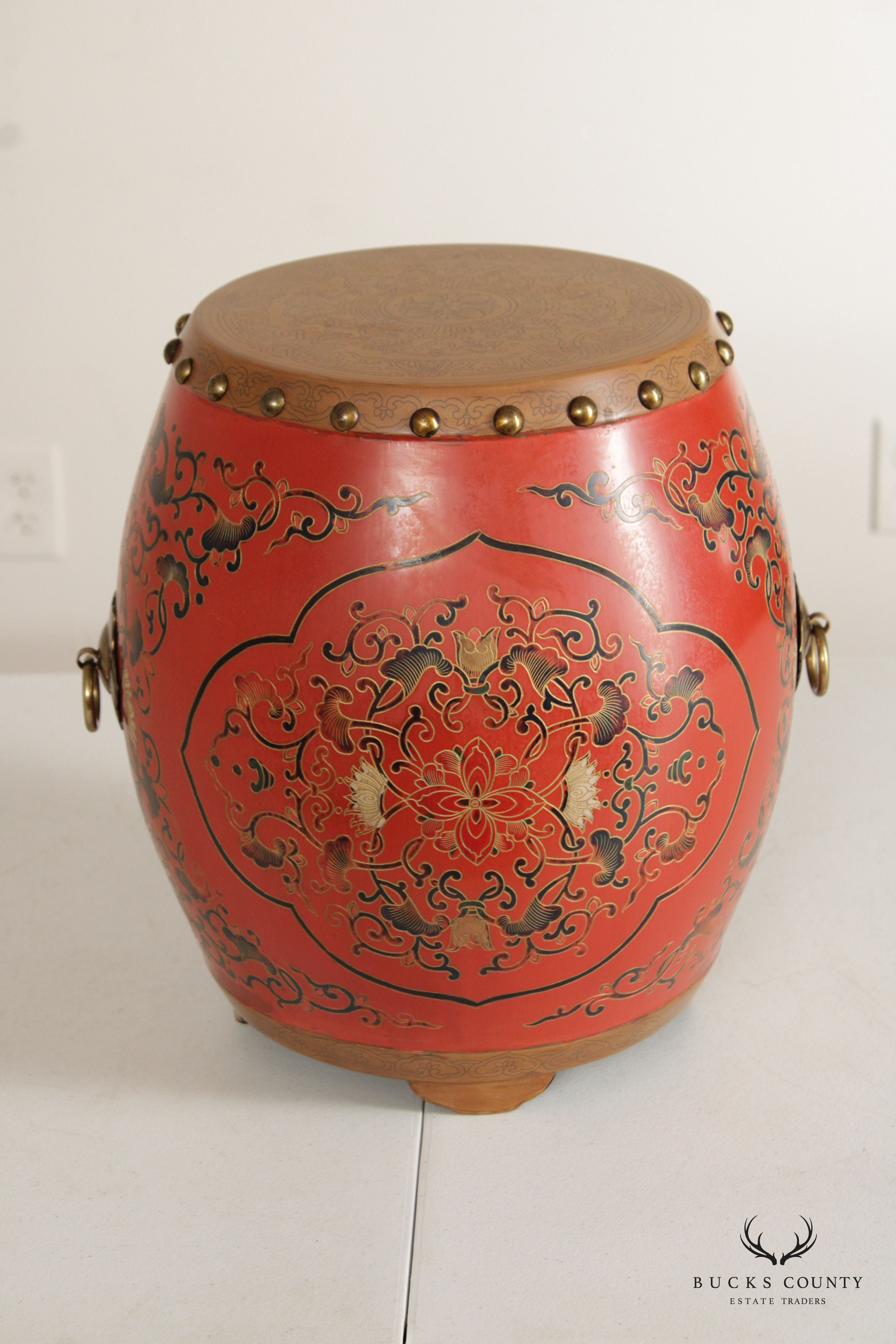 Asian Inspired Pair Hand Painted Wooden Drum Stools