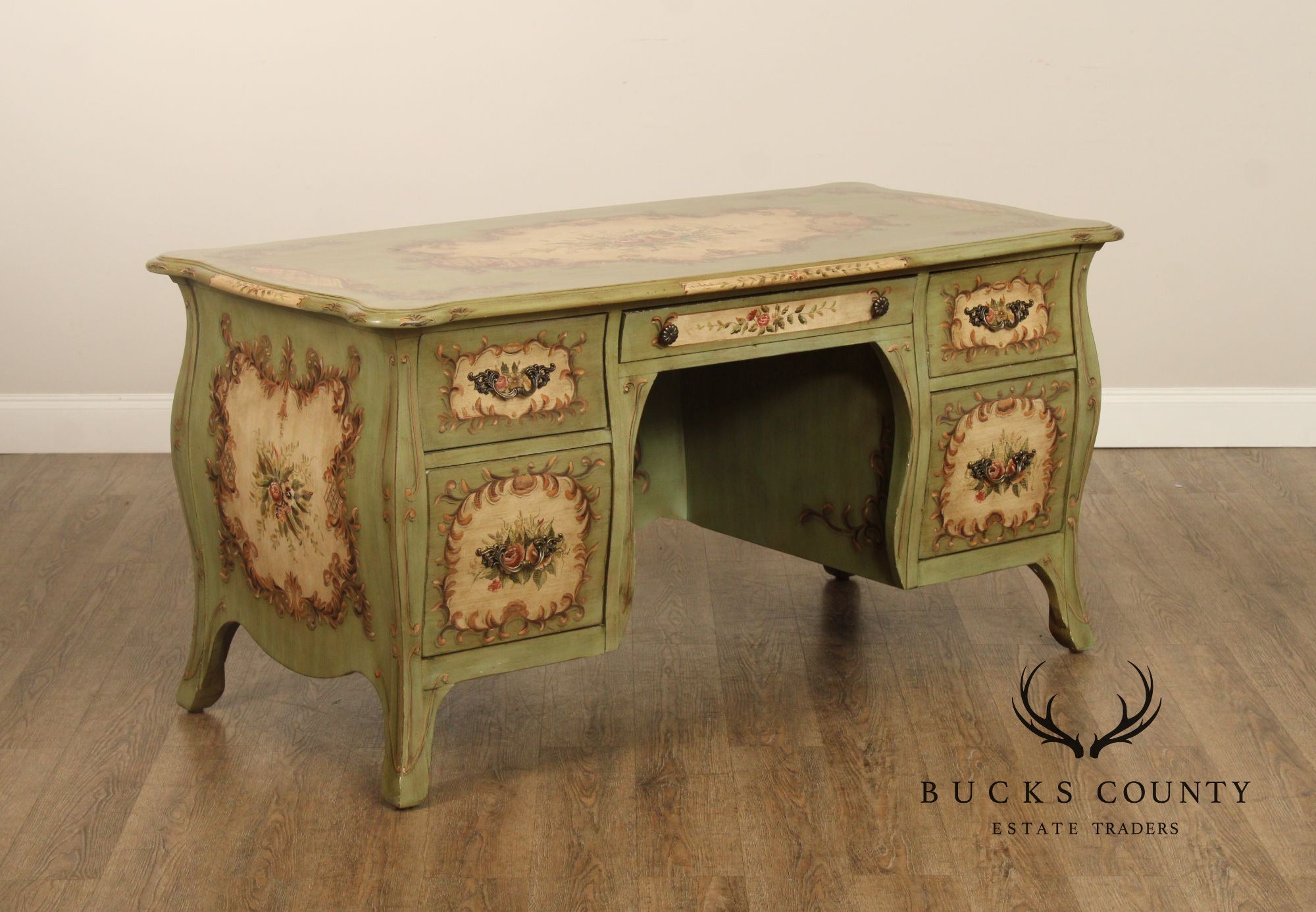 Lane French Louis XV Style Bombe Paint Decorated Executive Desk