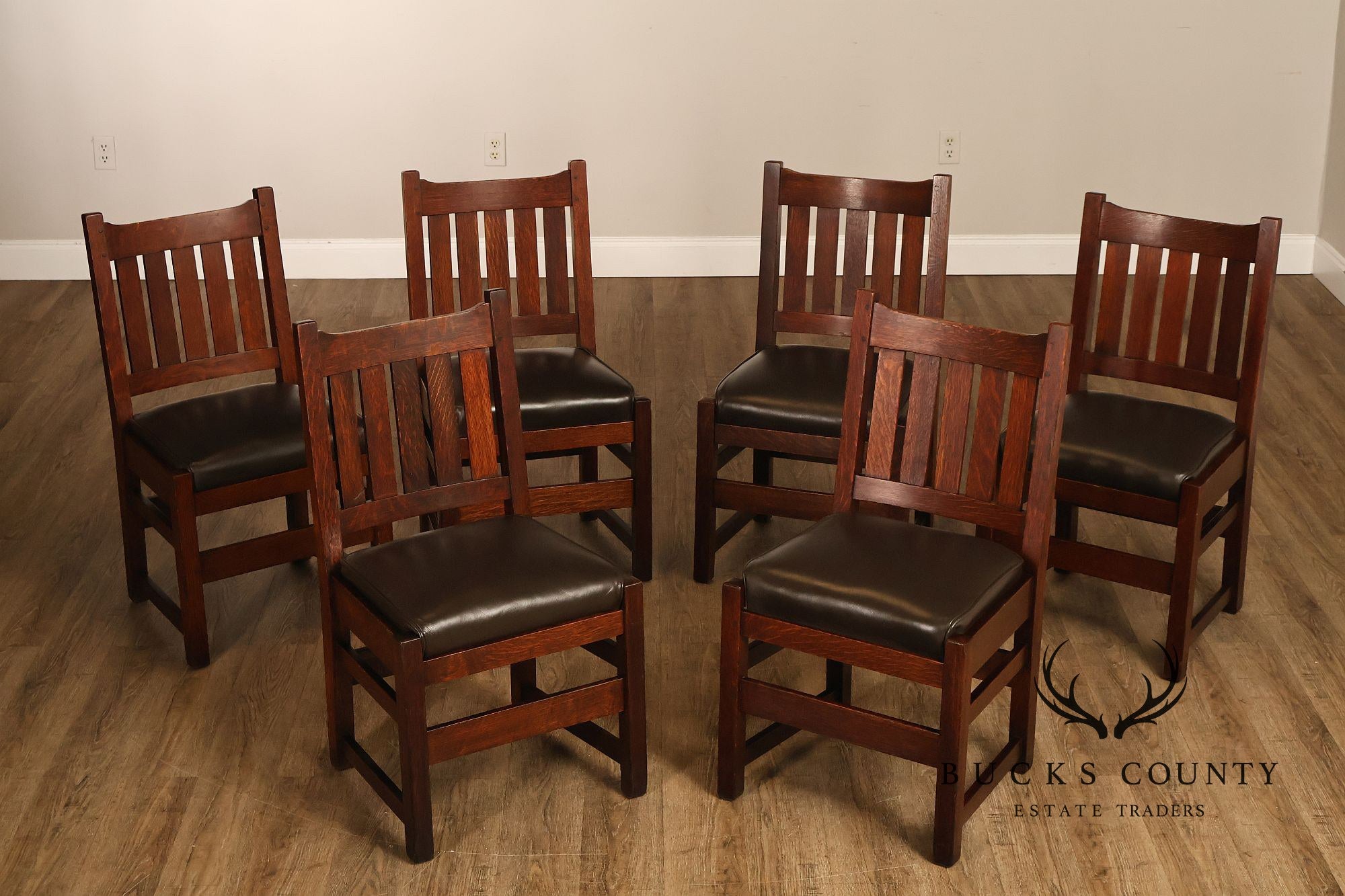 L&JG Stickley Antique Set Of Six U-Back Oak Dining Chairs Model #820