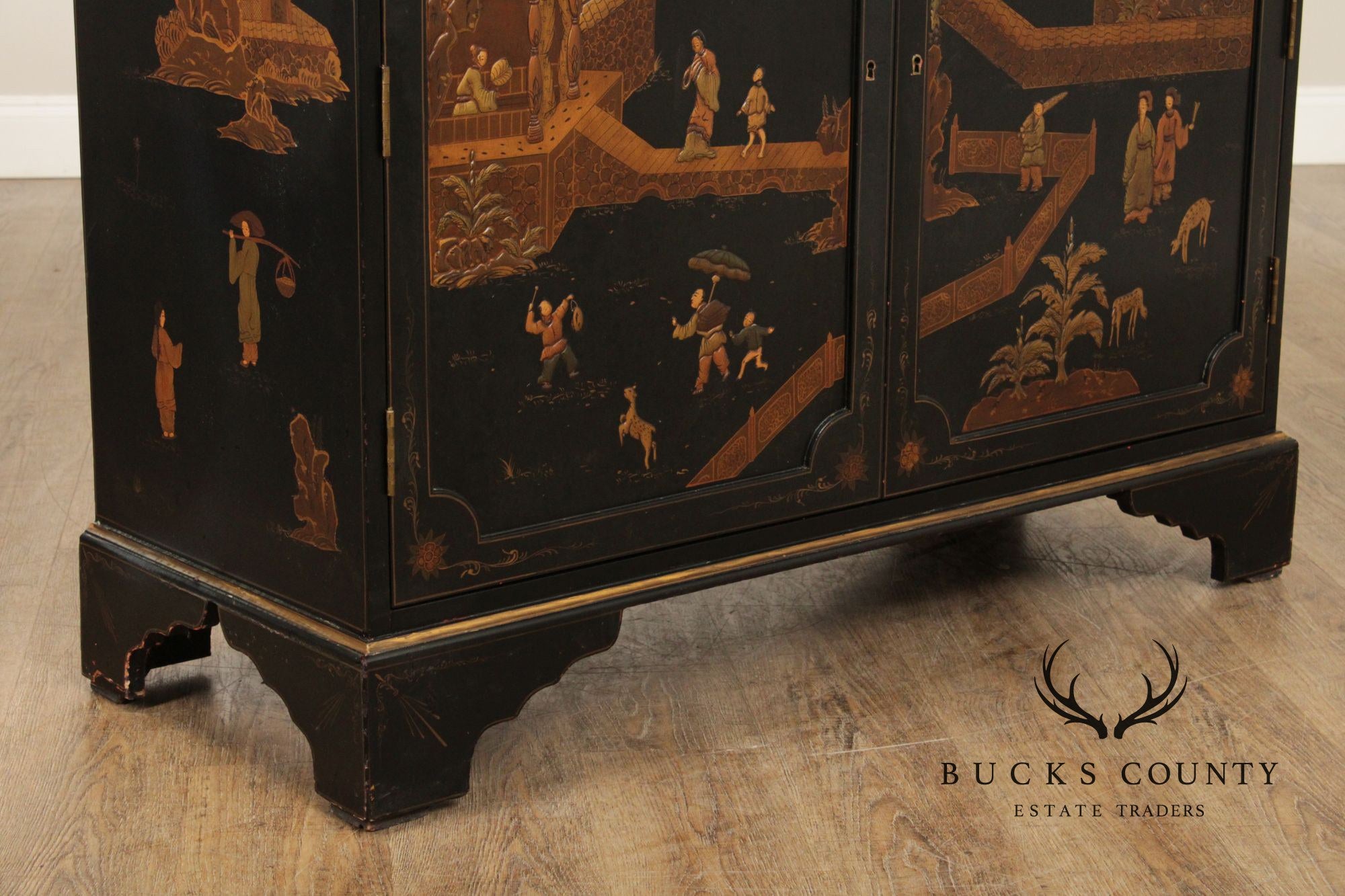 Georgian Furnishing Co. Pair Of Black Lacquer Chinoiserie Cabinets